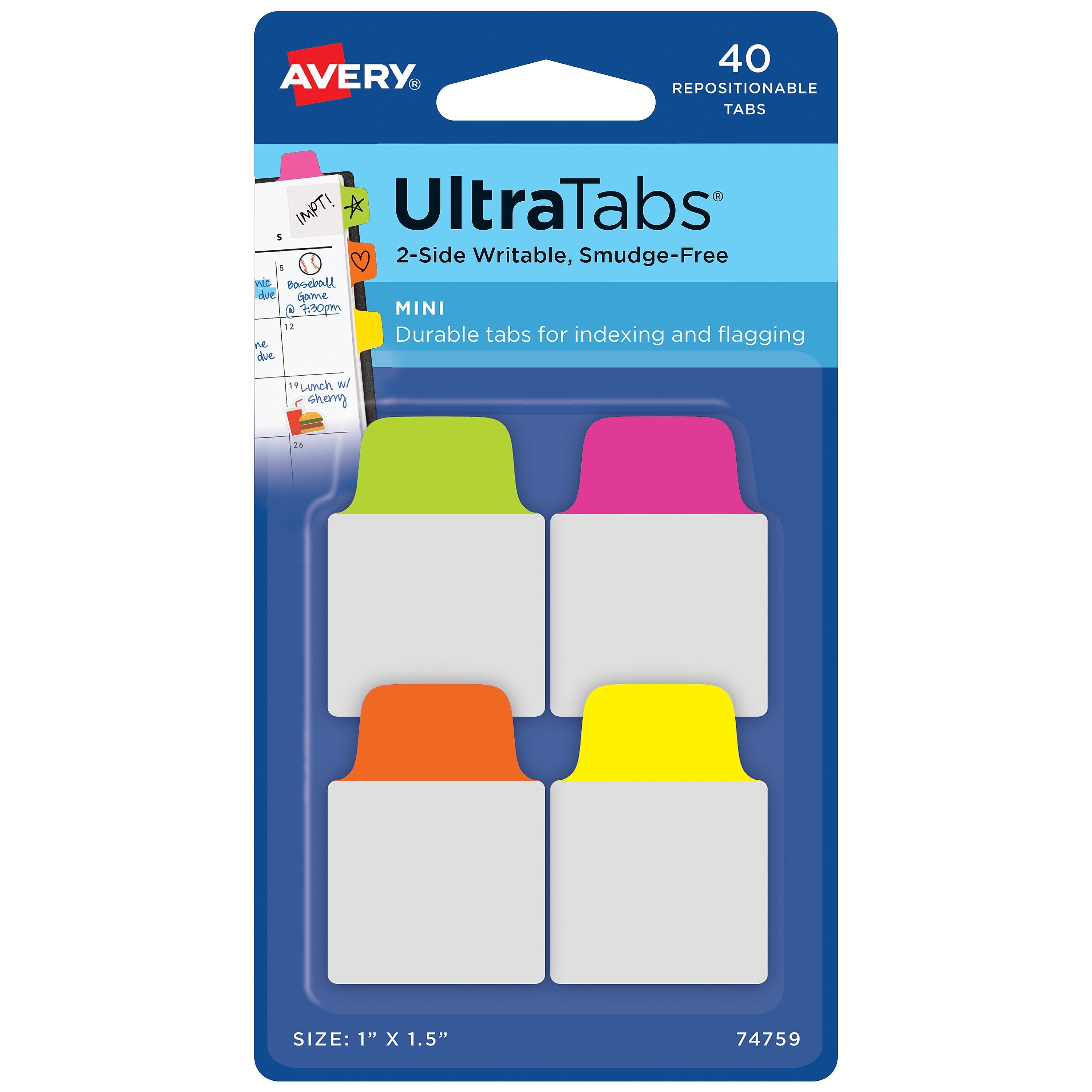 Avery UltraTabs Repositionable Mini Tabs, 1" x 1.5", Assorted Colors, 10 Tabs/Pad, 4 Pads (74759)