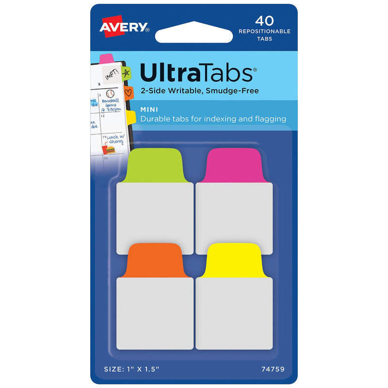 Avery UltraTabs Repositionable Mini Tabs, 1" x 1.5", Assorted Colors, 10 Tabs/Pad, 4 Pads (74759)