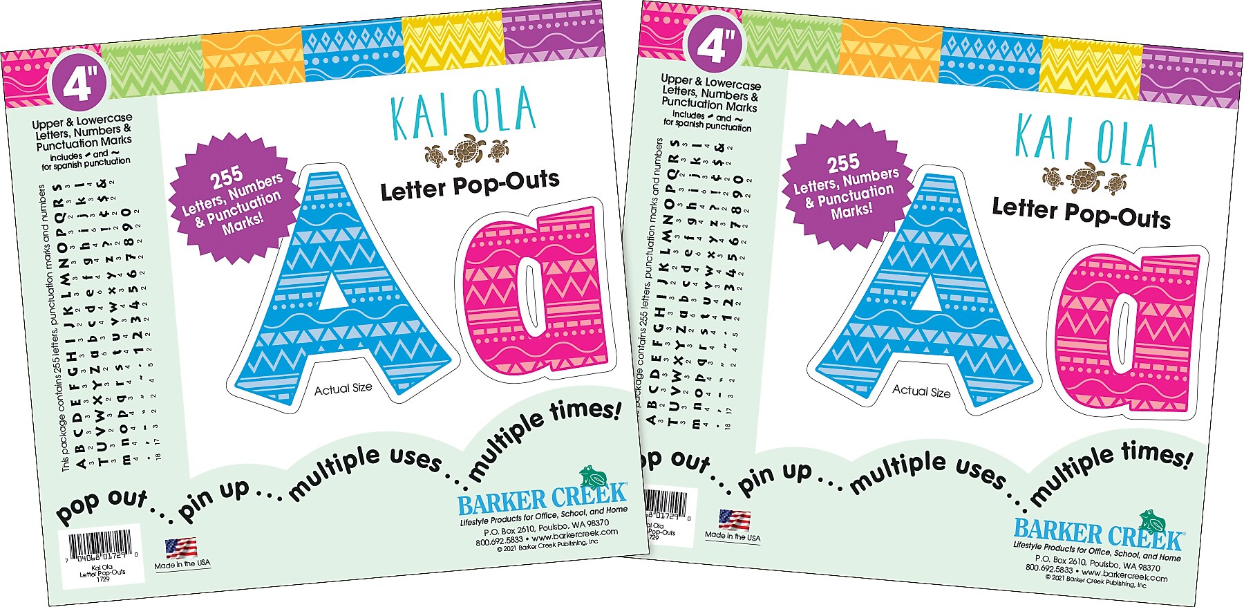 Barker Creek Kai Ola  4" Letters and Numbers, Multicolored, 510/Pack (BC3647)
