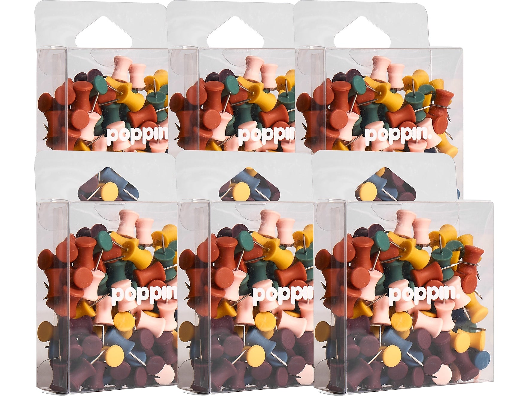 Poppin Push Pins, Assorted Colors, 100/Box, 6 Boxes/Kit (108678)