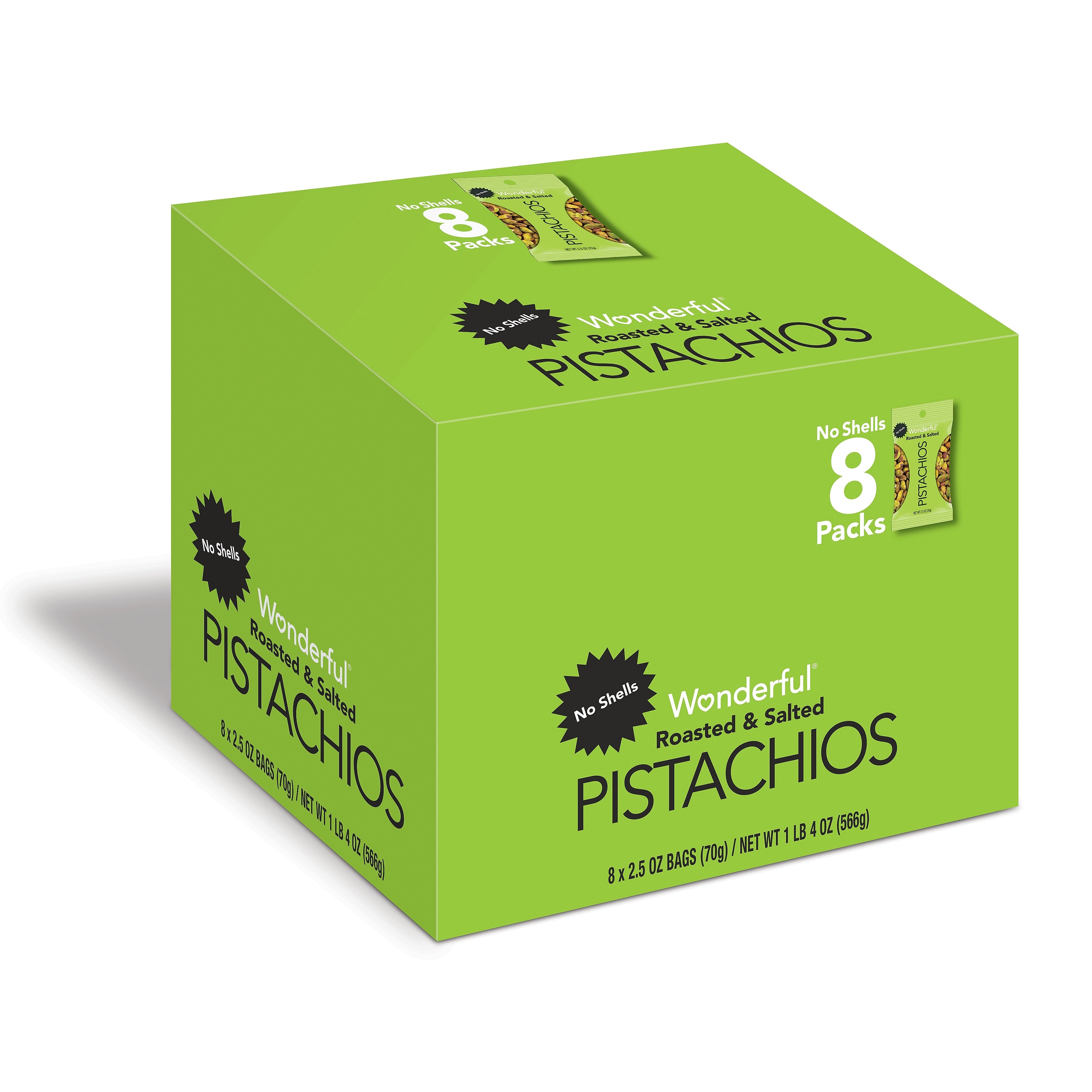 Wonderful Pistachios Roasted & Salted, No Shells, 2.5 oz., 8 Bags/Box (PAR070146A25M)