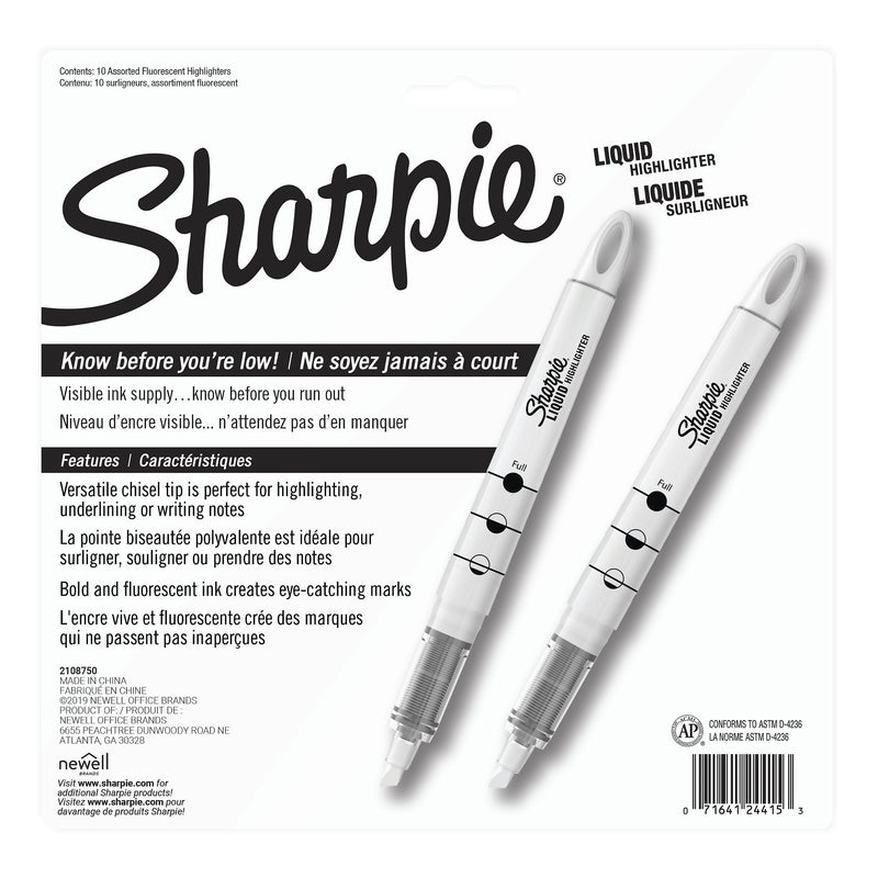 Sharpie Liquid Highlighter, Chisel Tip, Assorted, 10/Pack (24415PP)