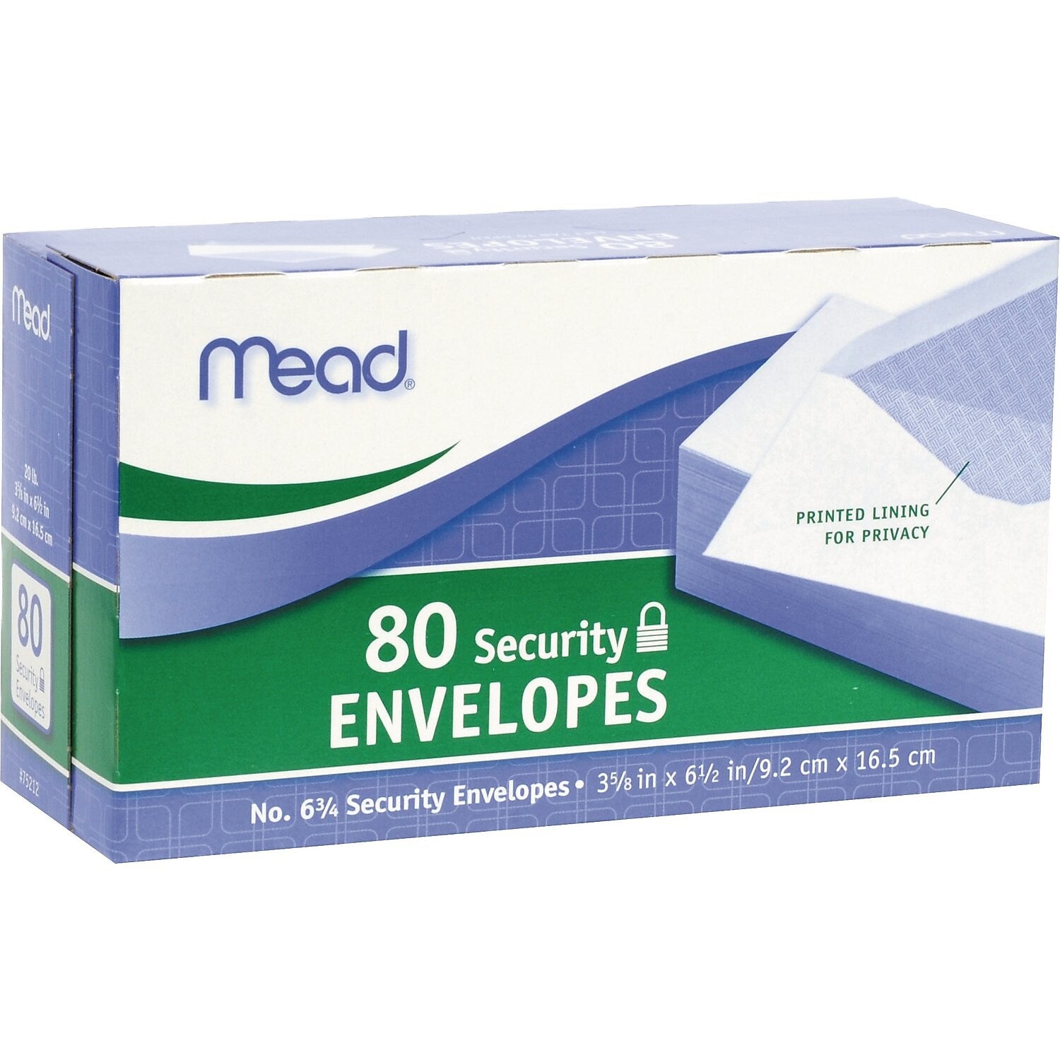 Mead Security Tinted #6-3/4 Business Envelopes, 3-5/8" x 6-1/2", White, 80/Pack (75212)
