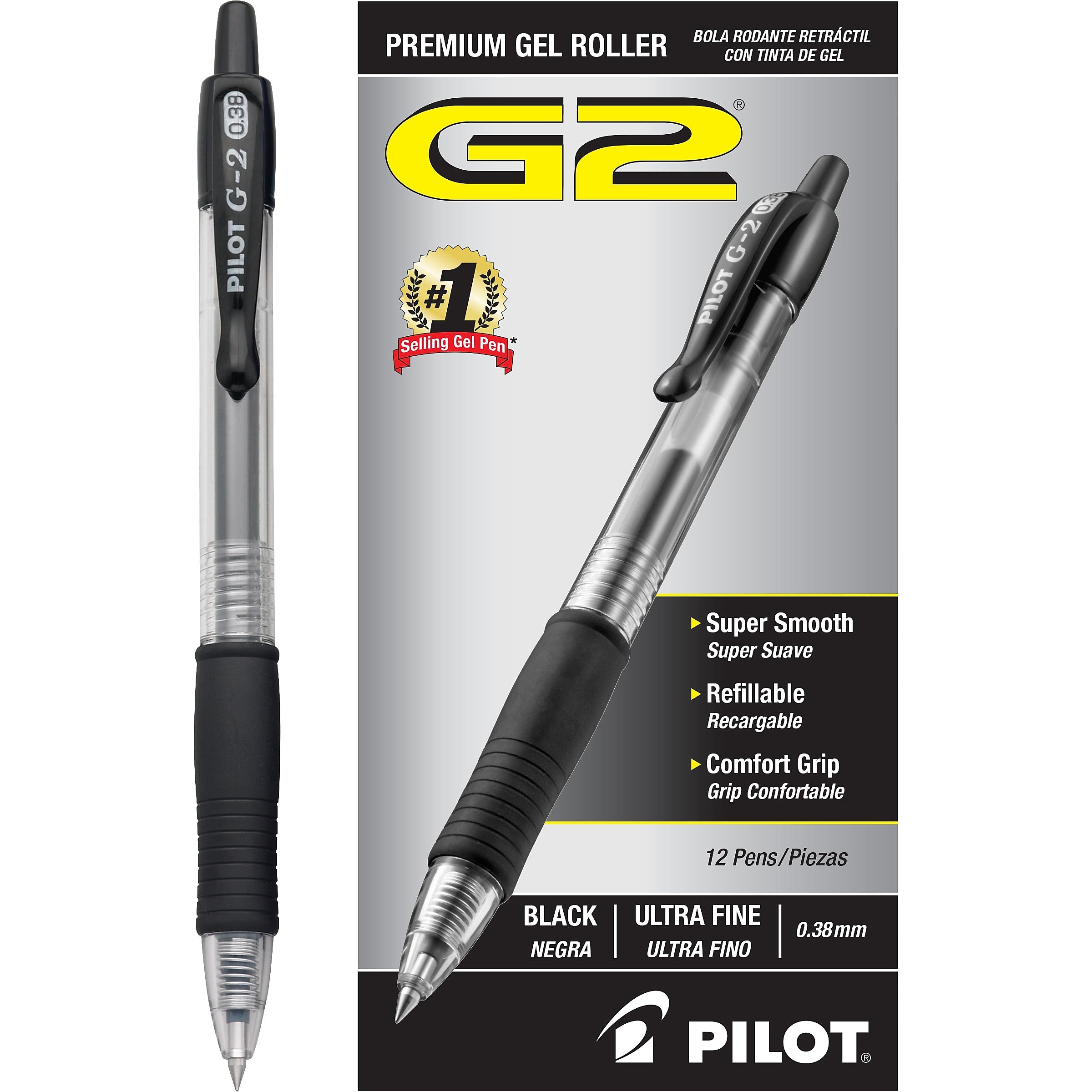 Pilot G2 Retractable Gel Pens, Ultra Fine Point, 0.38mm, Black Ink, Dozen (31277)