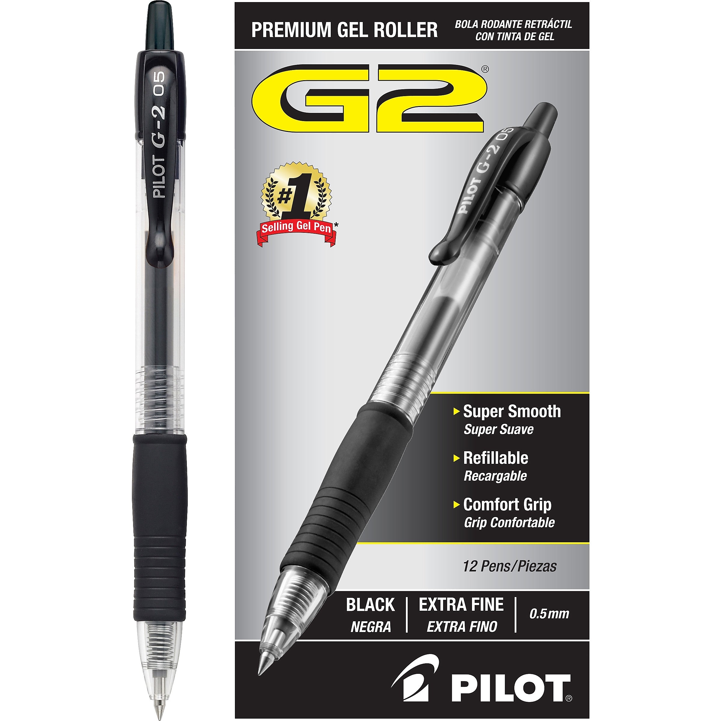 Pilot G2 Retractable Gel Pens, Extra Fine Point, 0.5mm, Black Ink, Dozen (31002)