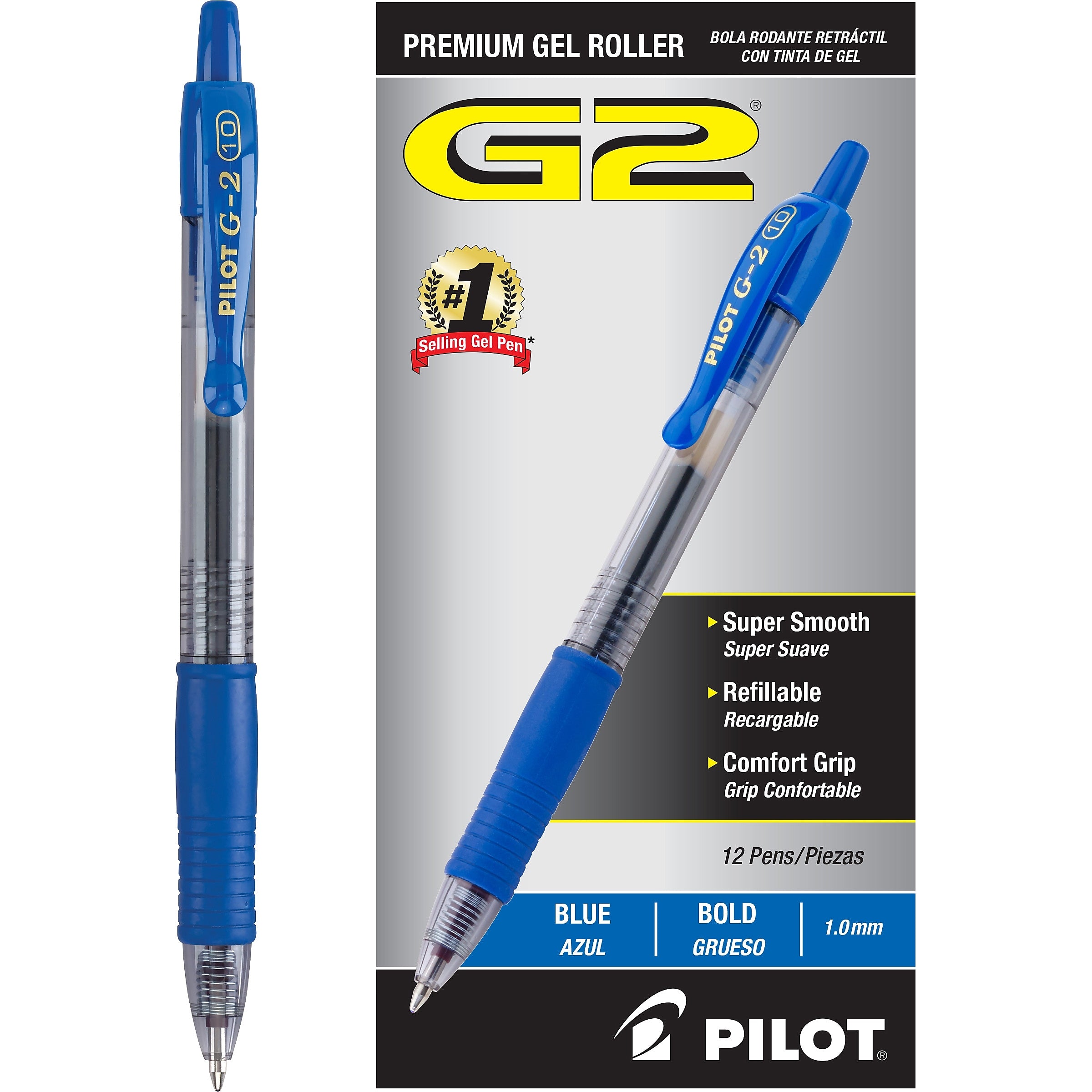 Pilot G2 Retractable Gel Pens, Bold Point, 1.0mm, Blue Ink, Dozen (31257)
