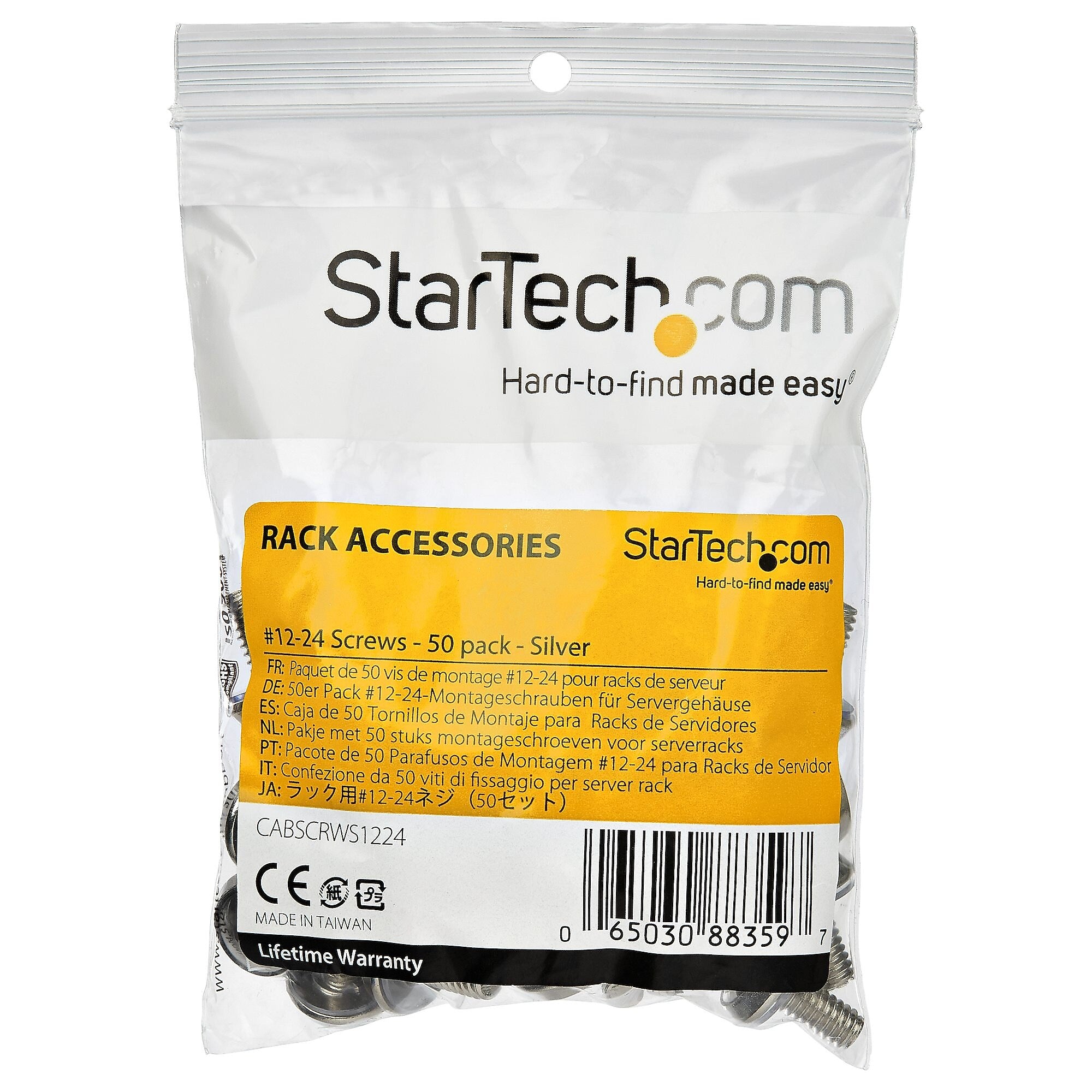 StarTech 12-24 Server Rack Hardware Kit, Silver, 50/Pack (CABSCRWS1224)