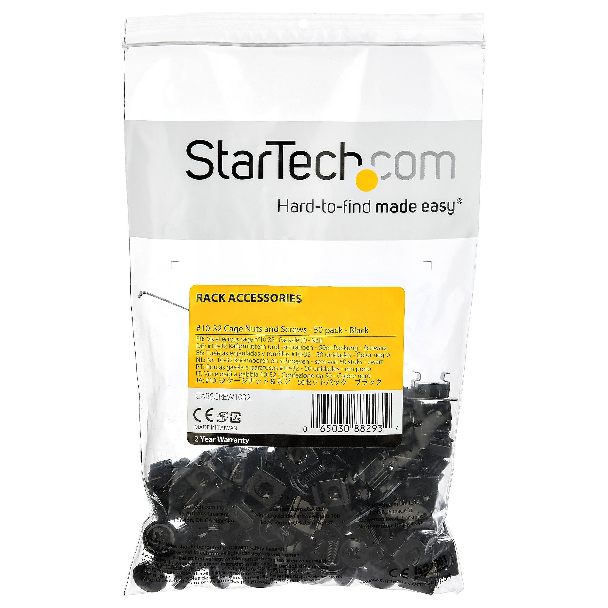 StarTech 10-32 Server Rack Hardware Kit, Black, 50/Pack (CABSCREW1032)