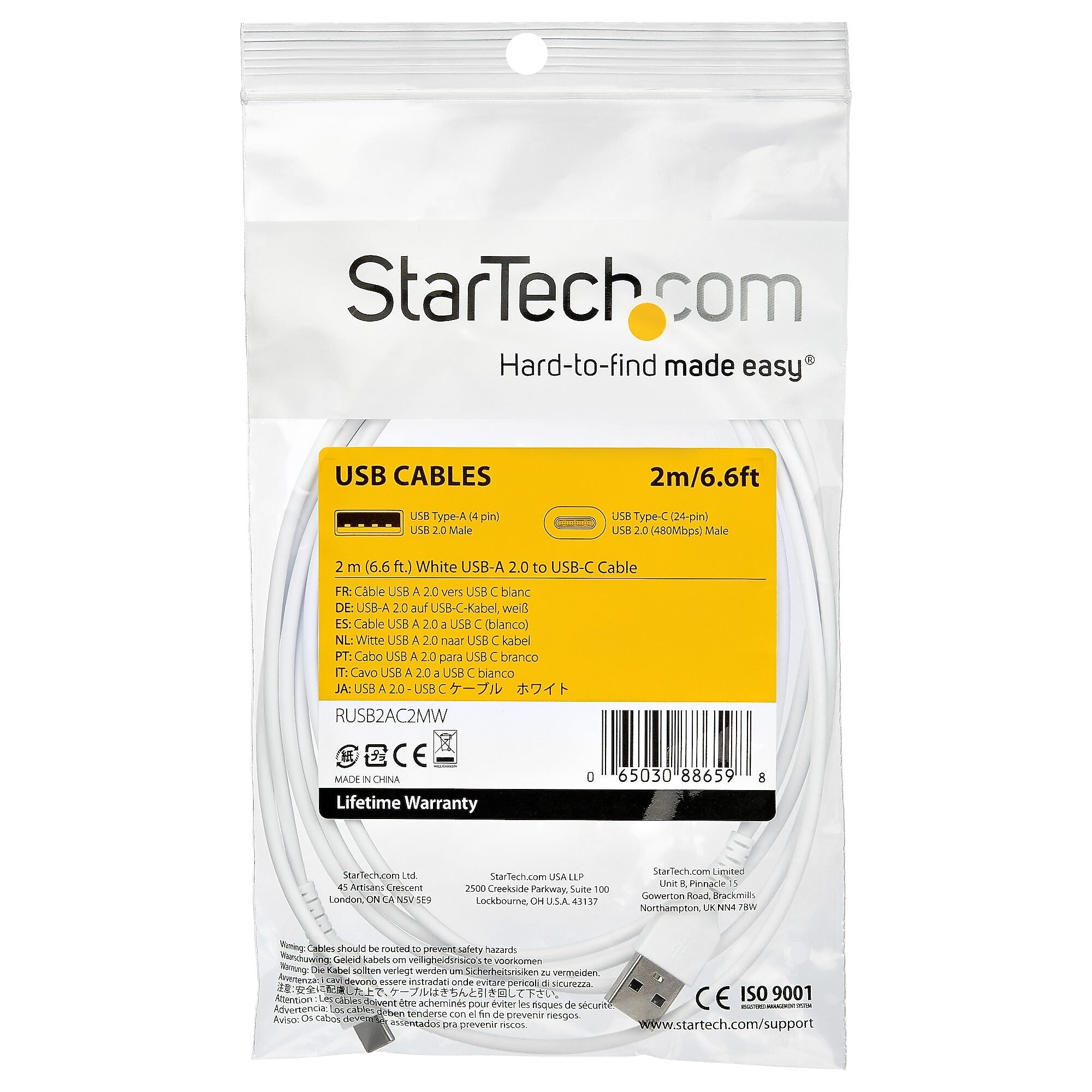 2m USB A to USB C Charging Cable, Male to Male