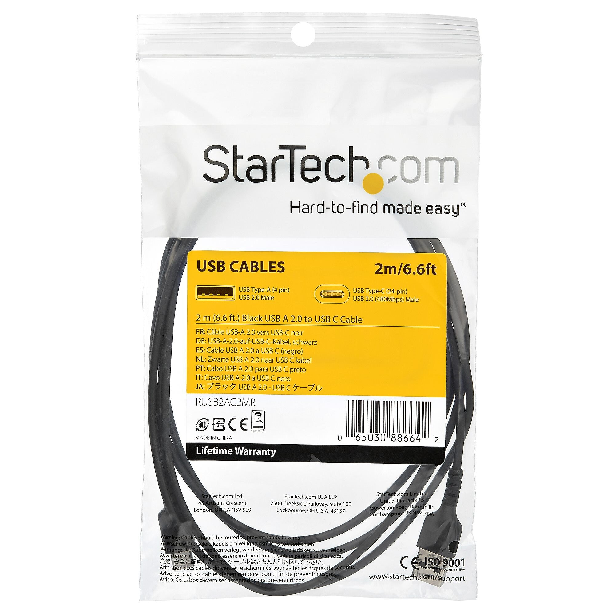 StarTech 6.6' USB-A to USB-C Power Cable, Male to Male, Black (RUSB2AC2MB)