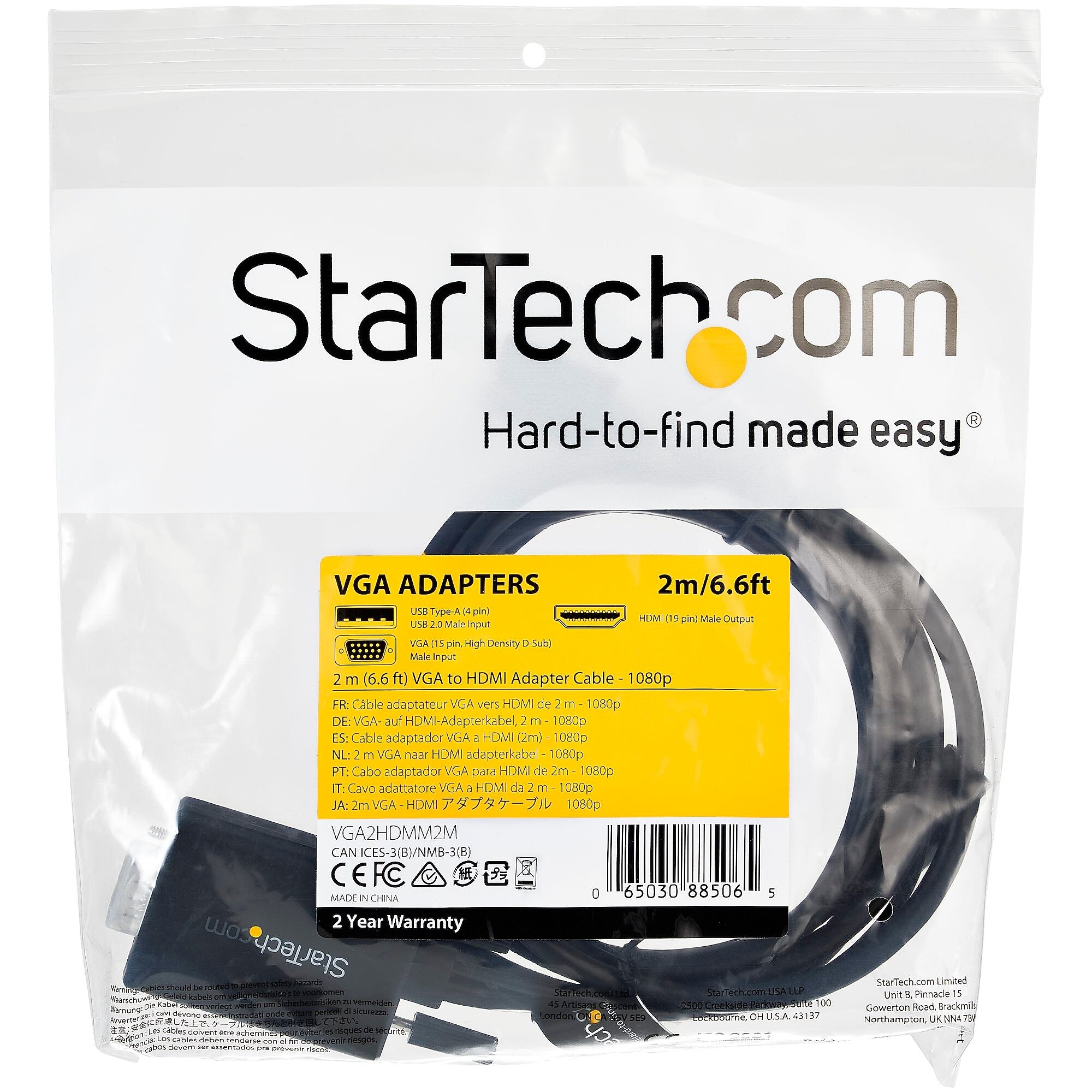 StarTech 6.6' VGA to HDMI Converter Cable with USB Audio Support, Male to Male, Black (VGA2HDMM2M)
