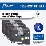 Brother P-touch TZe-231 Laminated Label Maker Tape, 1/2" x 26-2/10', Black on White, 8/Pack (TZe-2318PKB)