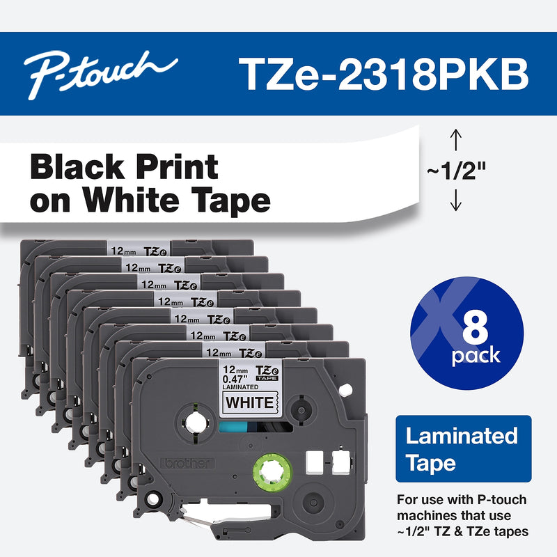 Brother P-touch TZe-231 Laminated Label Maker Tape, 1/2" x 26-2/10', Black on White, 8/Pack (TZe-2318PKB)