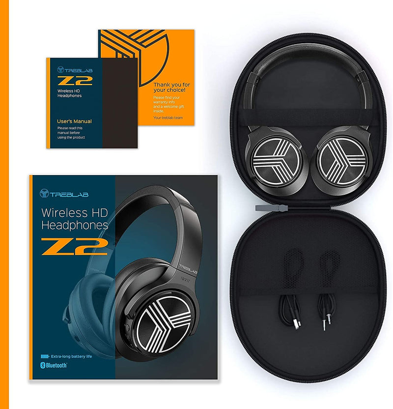Treblab Z2 Wireless Active Noise Canceling Over-Ear Headphones, Bluetooth, Black (Z2-B)