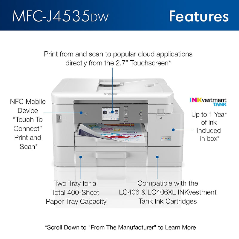 Brother INKvestment Tank MFC-J4535DW Wireless Color Inkjet Printer, All-In-One Supertank, Print, Scan, Copy, Fax