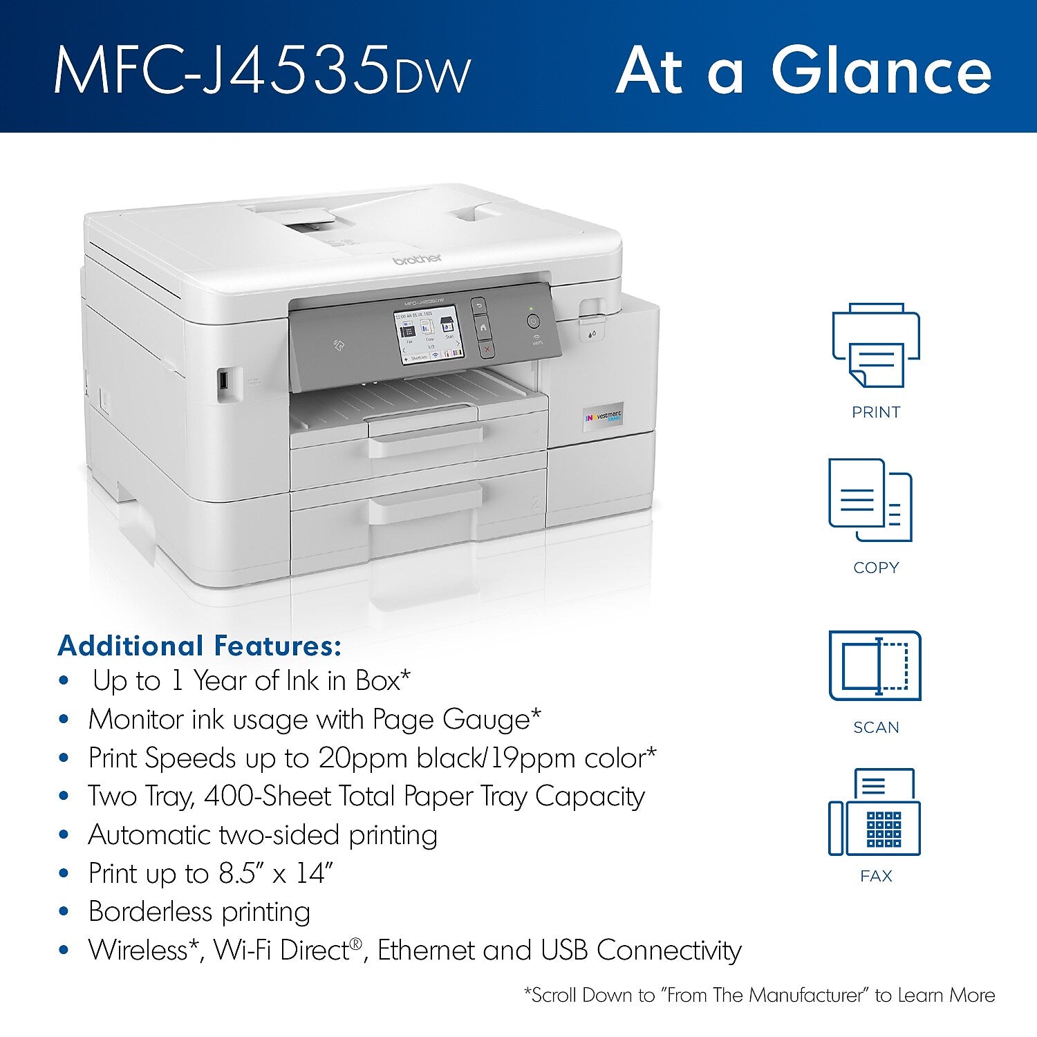 Brother INKvestment Tank MFC-J4535DW Wireless Color Inkjet Printer, All-In-One Supertank, Print, Scan, Copy, Fax