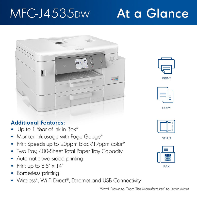 Brother INKvestment Tank MFC-J4535DW Wireless Color Inkjet Printer, All-In-One Supertank, Print, Scan, Copy, Fax