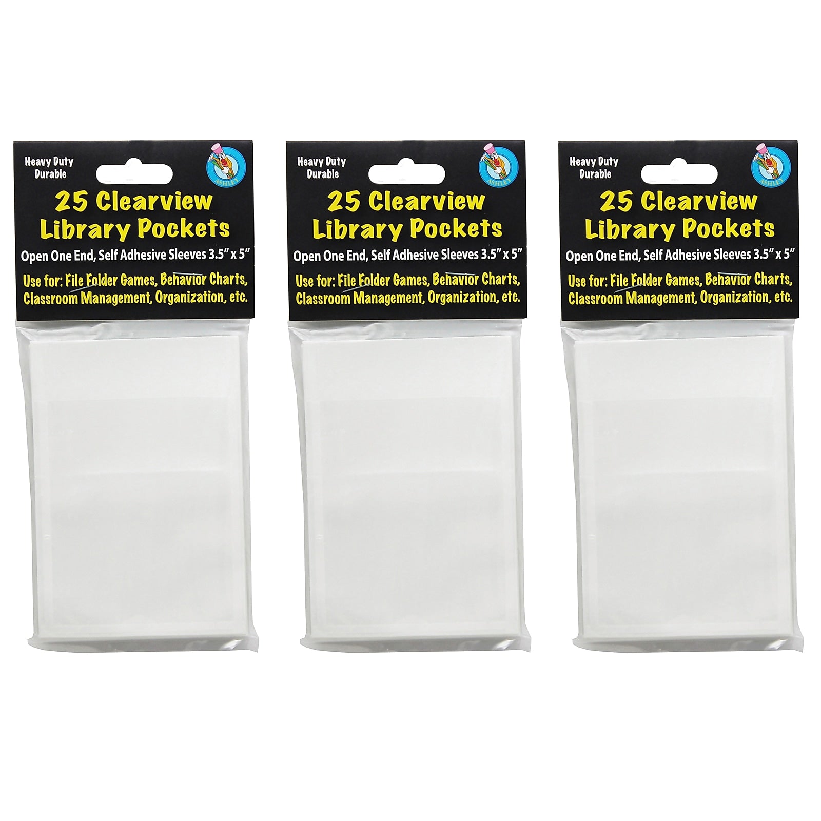 Ashley Productions Plastic Clear View Self-Adhesive Library Pocket, 3.5" x 5", 25 Per Pack, 3 Packs (ASH10408-3)