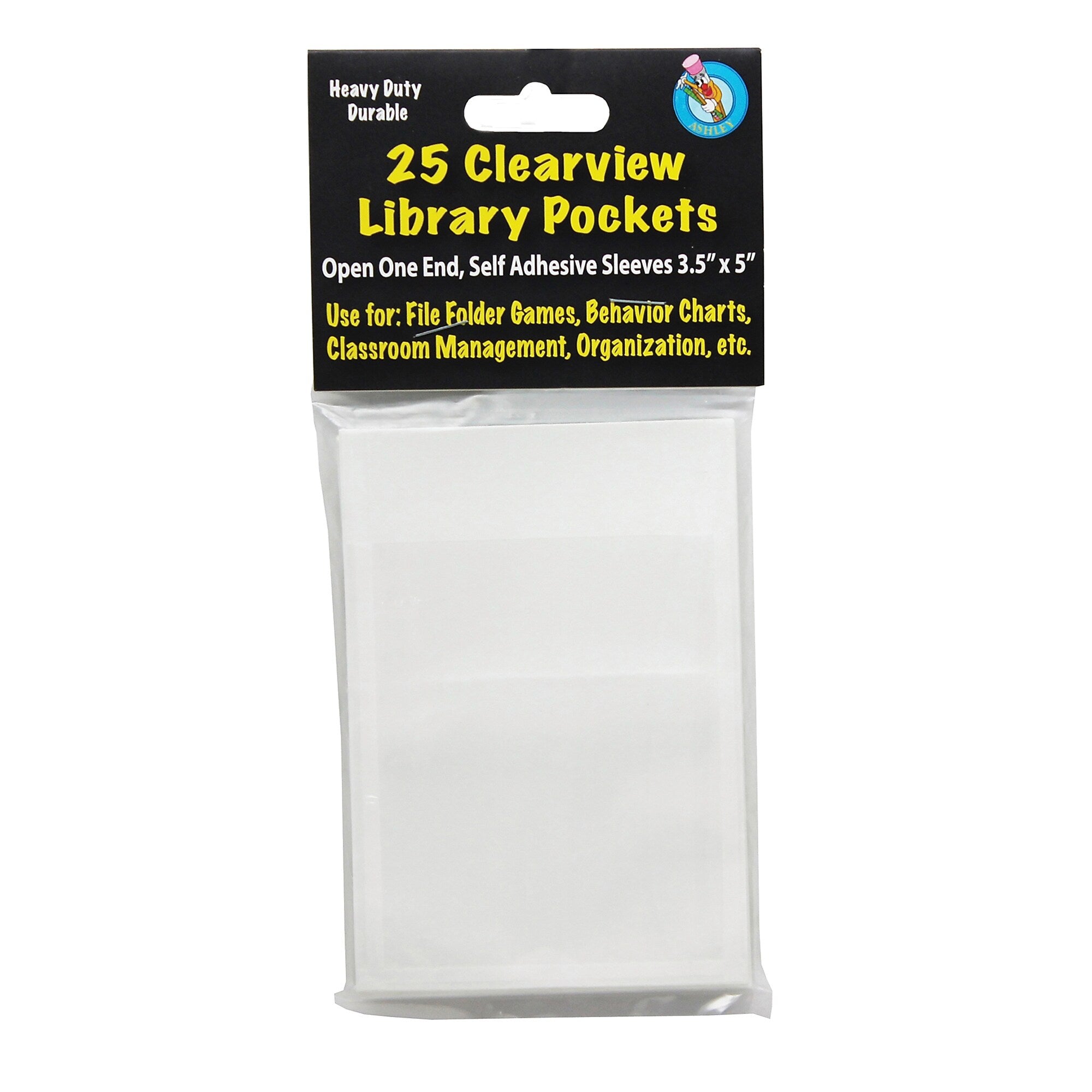 Ashley Productions Plastic Clear View Self-Adhesive Library Pocket, 3.5" x 5", 25 Per Pack, 3 Packs (ASH10408-3)