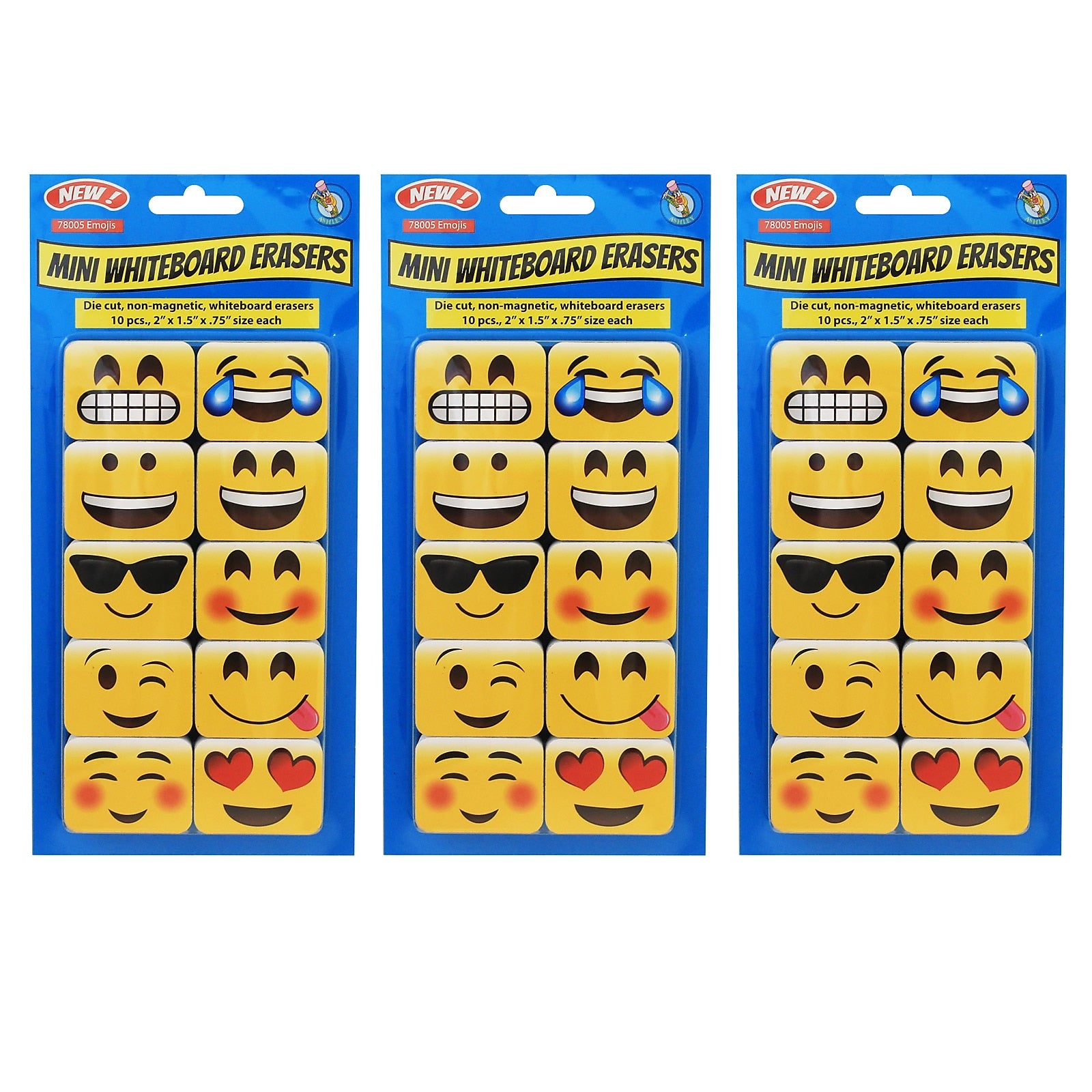 Ashley Productions Non-Magnetic Mini Whiteboard Erasers, Emotions Icons, 10 Per Pack, 3 Packs (ASH78005-3)