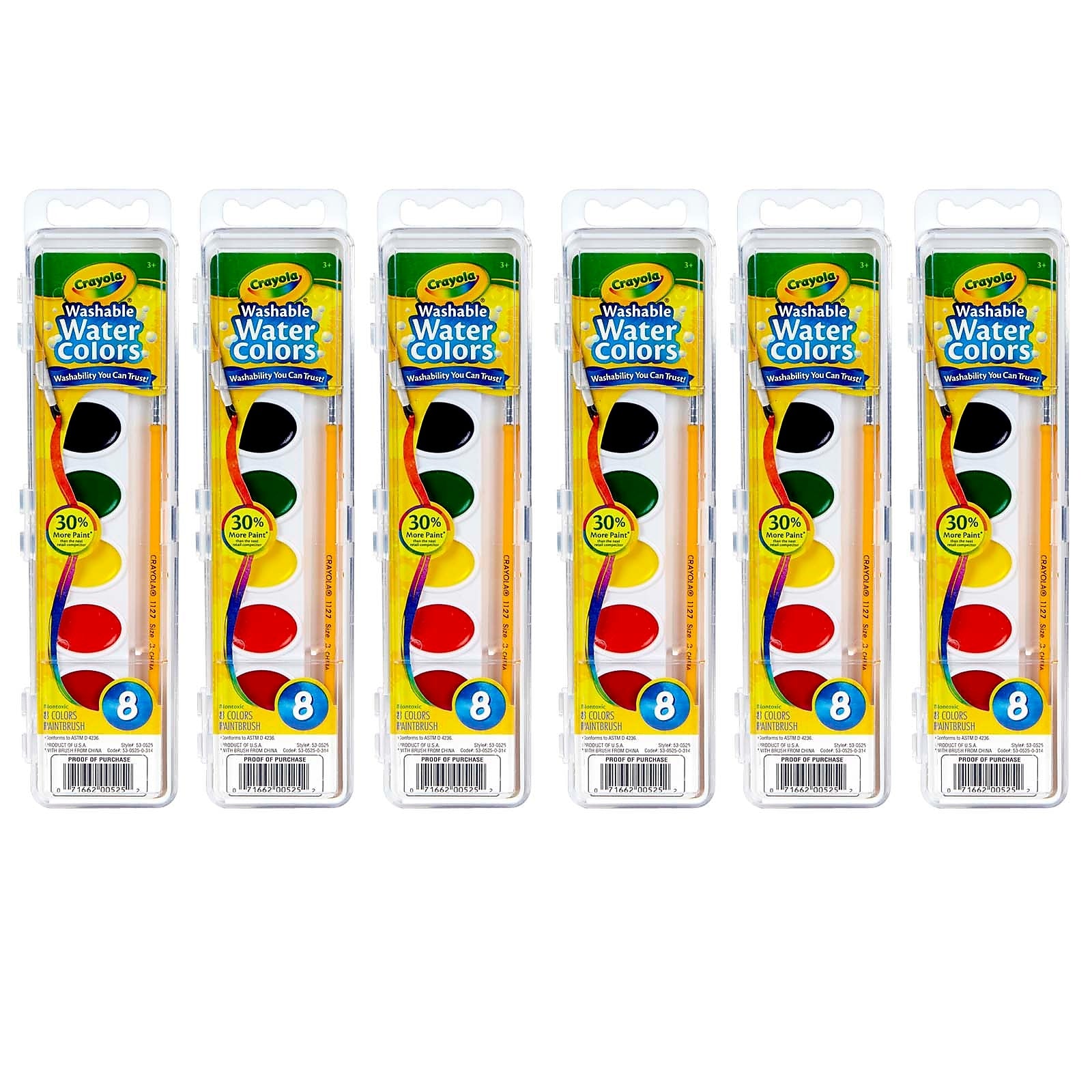 Crayola Semi-Moist Washable Watercolor Set, 8 Colors Per Set, 6 Sets (BIN525-6)
