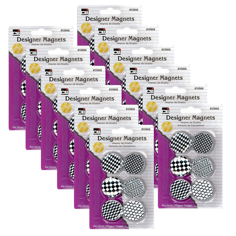 Charles Leonard Designer Button Style Magnets, Super Strong - Assorted Black & White Designs, 6 Per Pack, 12 Packs (CHL35906-12)