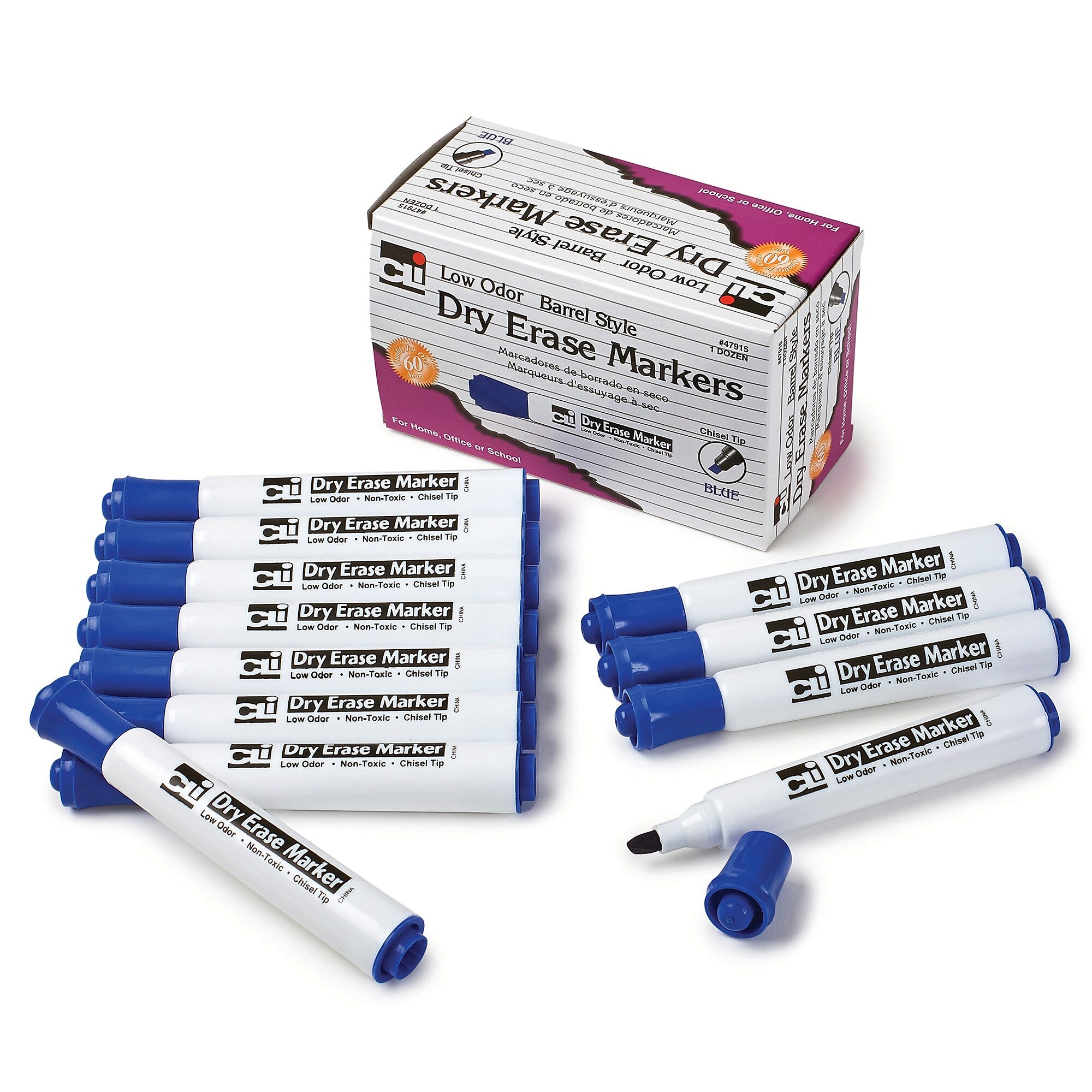 CLI Dry Erase Markers, Chisel Tip, Blue, 12/Pack (CHL47915-3)