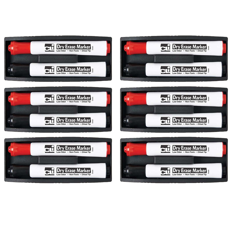 Charles Leonard Dry Erase Magnetic Whiteboard Eraser with 2 Dry Erase Markers, Red/Black, Pack of 6 (CHL74532-6)
