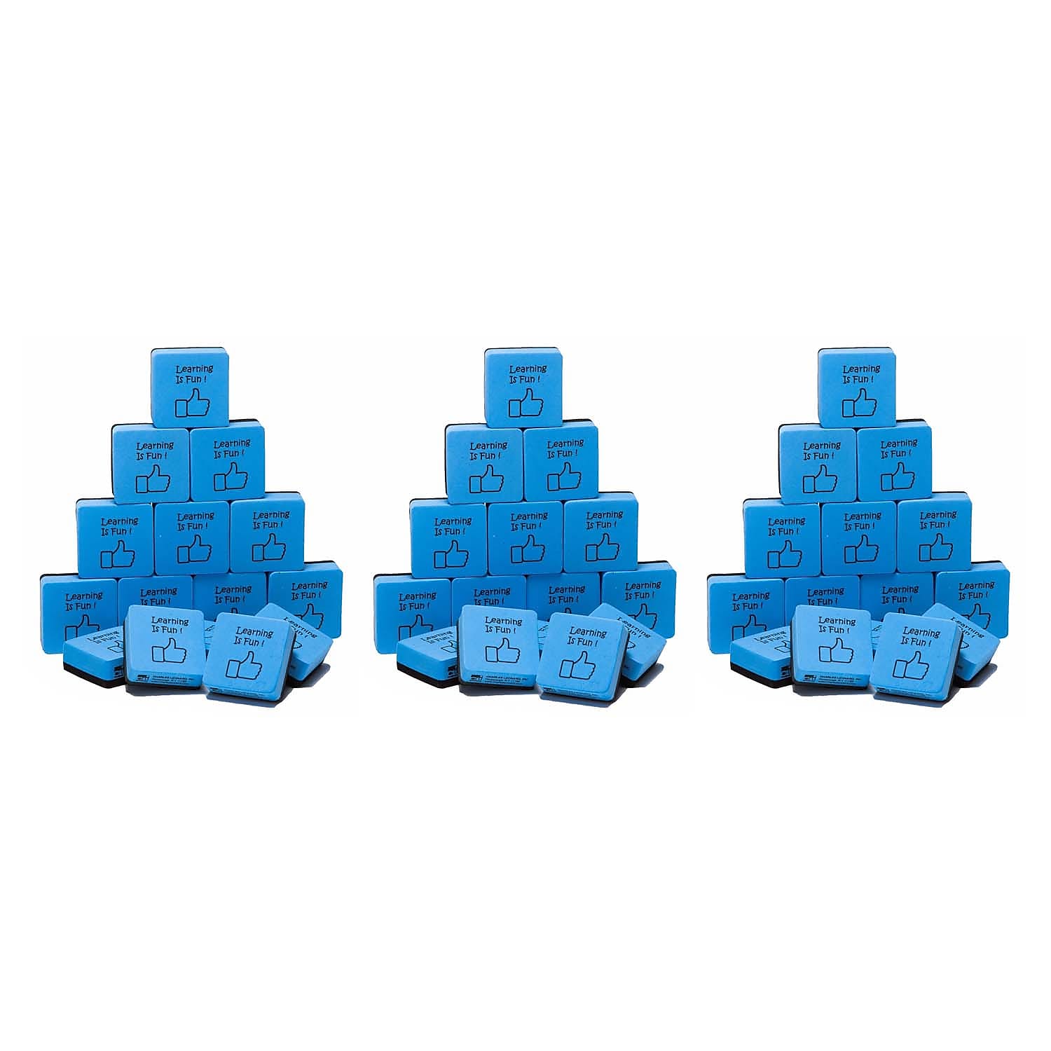 CLI "Learning is Fun" Mini Whiteboard Eraser, 2" x 2" , Blue/Black, 15 Per Pack, 3 Packs (CHL74549-3)