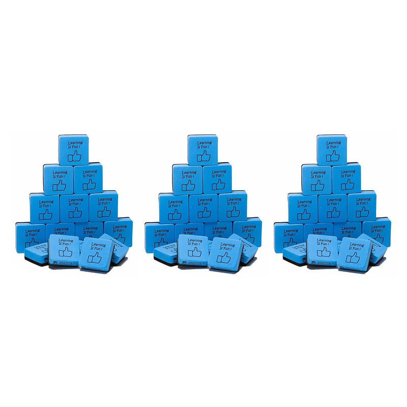 CLI "Learning is Fun" Mini Whiteboard Eraser, 2" x 2" , Blue/Black, 15 Per Pack, 3 Packs (CHL74549-3)