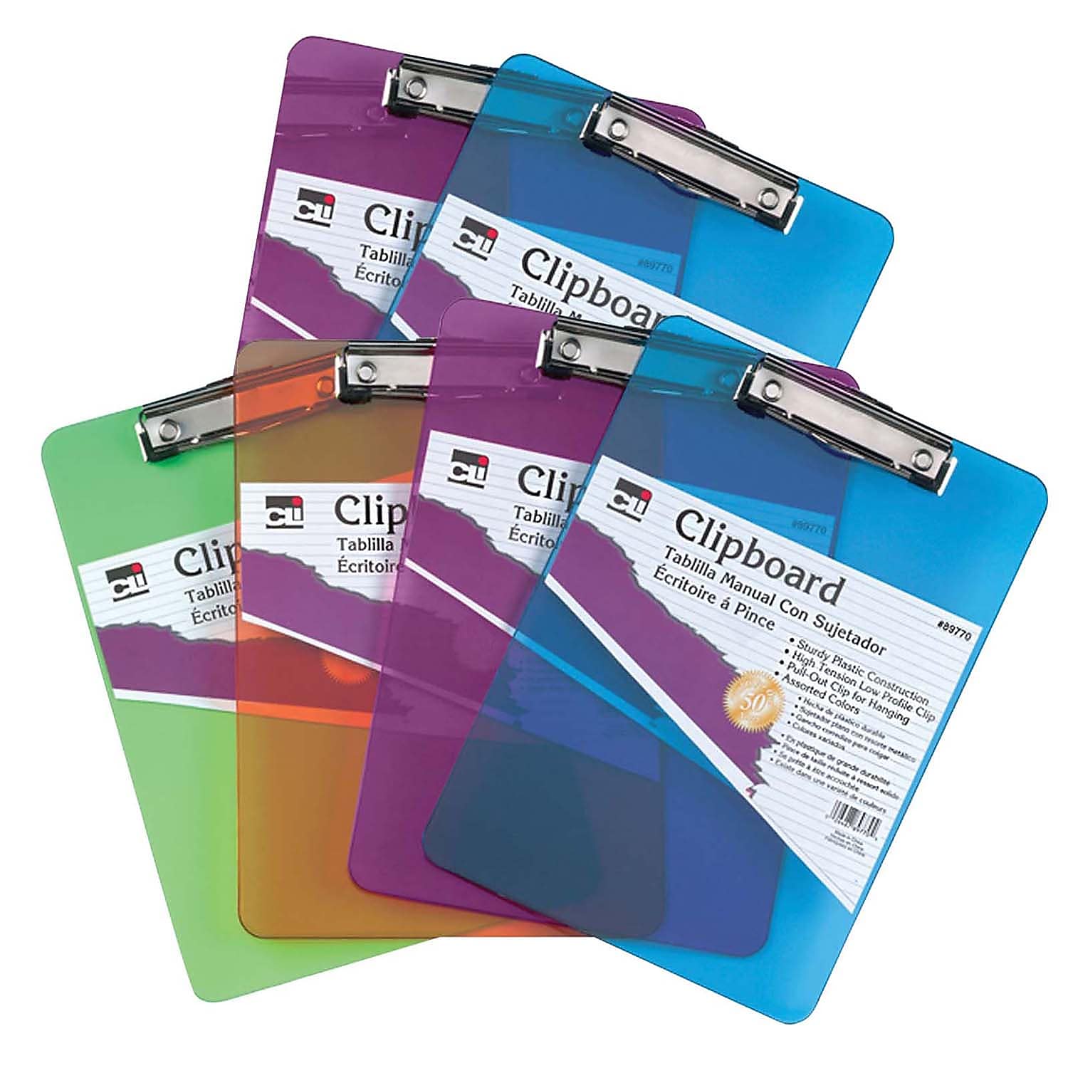 CLI Plastic Clipboard, Letter Size, Assorted Colors, Pack of 6 (CHL89770-6)