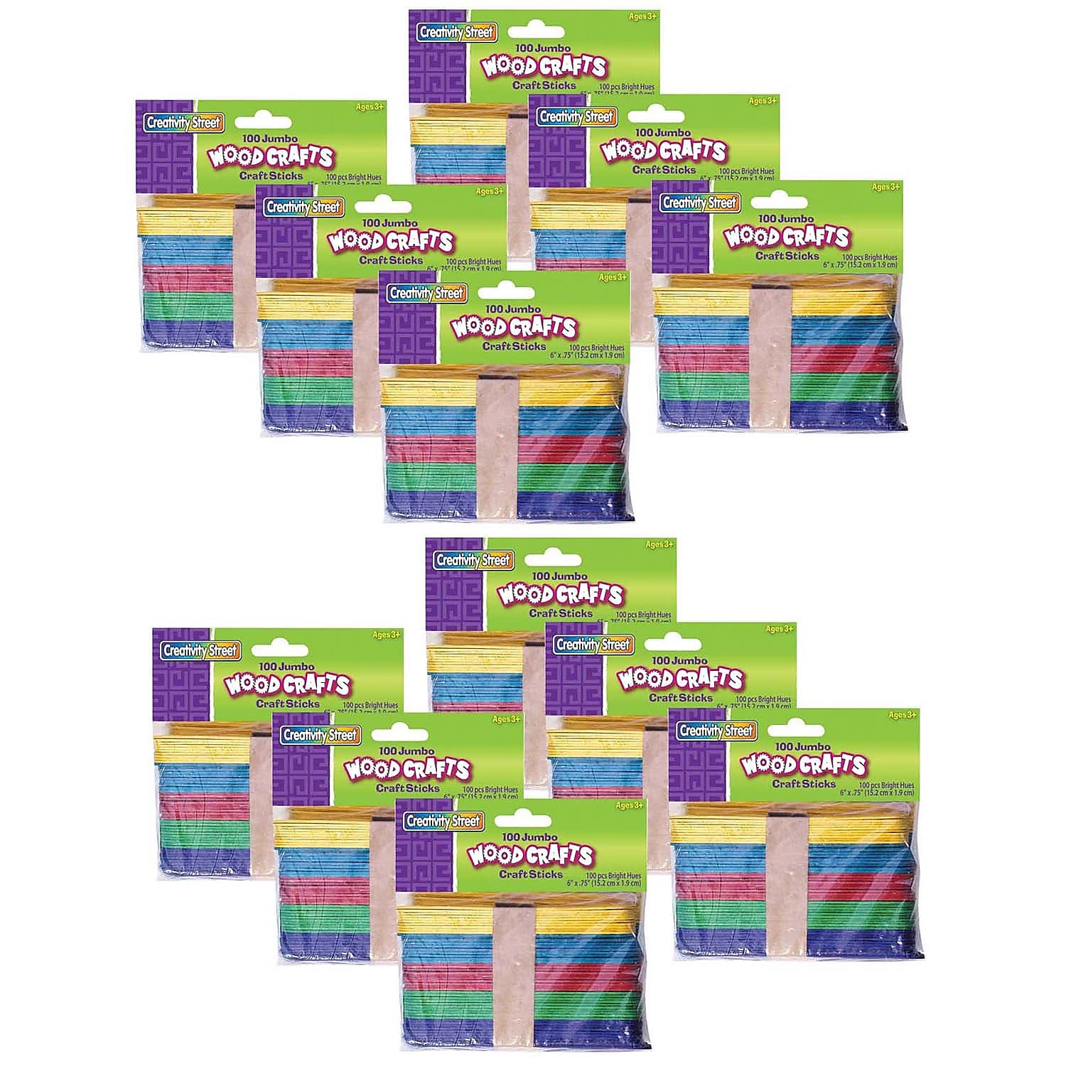 Creativity Street Jumbo Craft Sticks, Bright Hues Assorted, 6" x .75", 100/Pack, 12 Packs (CK-367602-12)