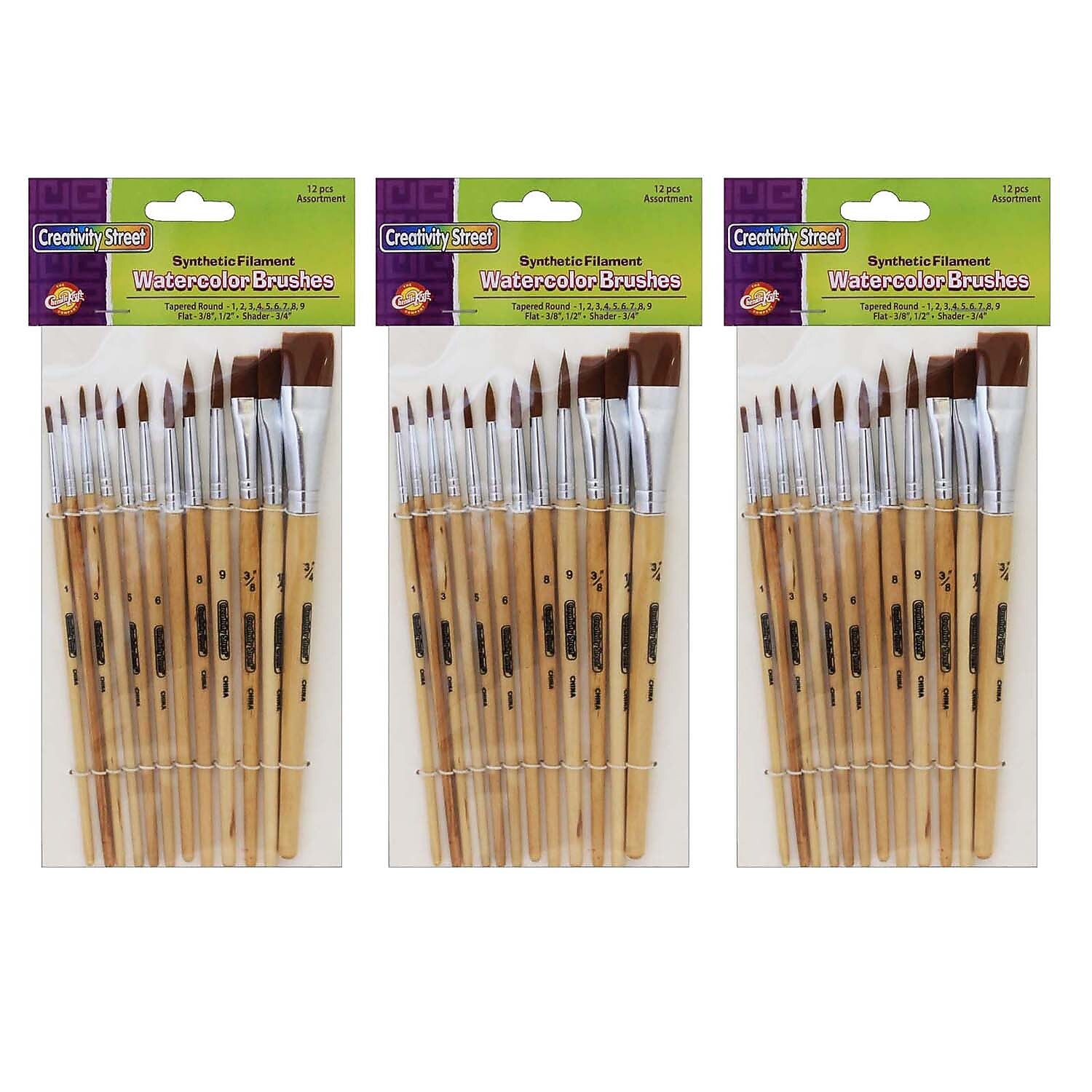 Creativity Street Watercolor Brushes, Assorted Sizes, 12 Per Set, 3 Sets (CK-5136-3)