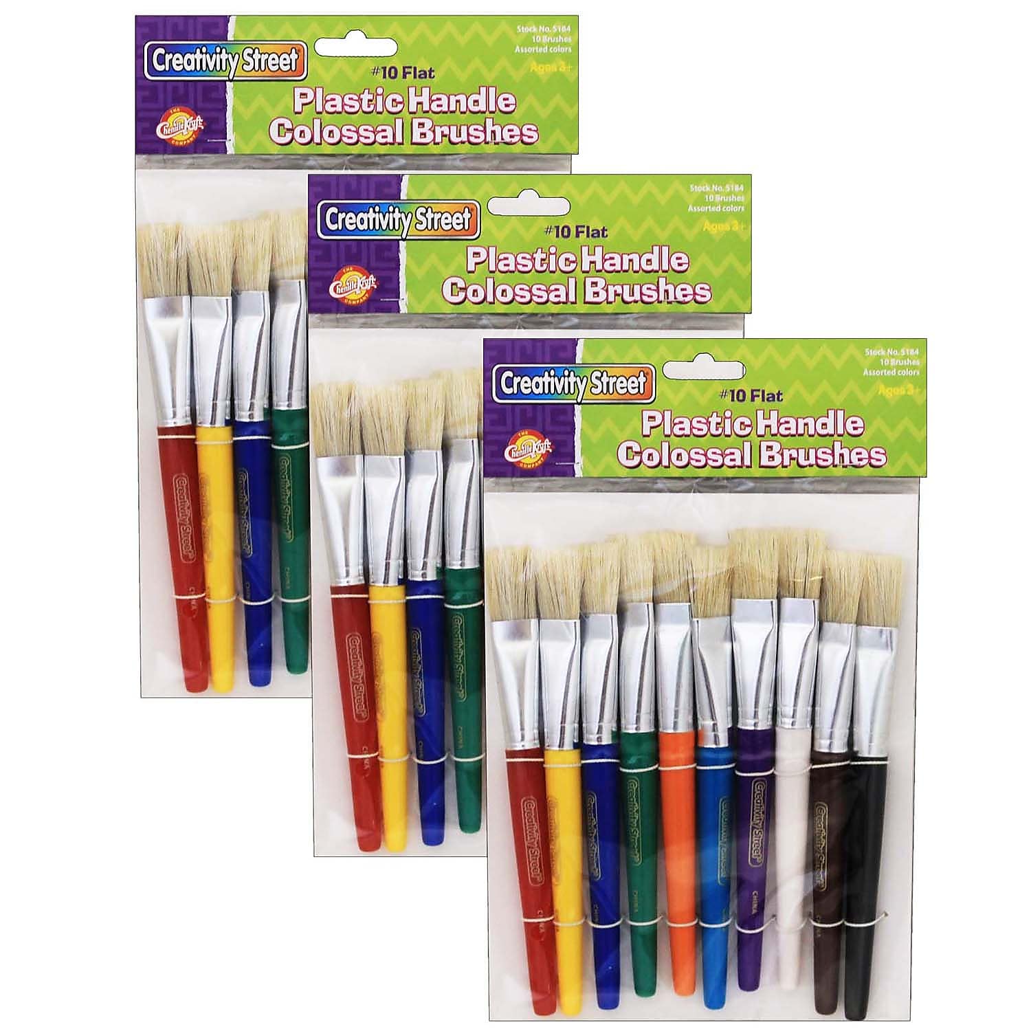 Creativity Street Mixed Short Handle Media Natural Hog Bristle, Beginner Flat Paint Brushes, 10/Pack, 3 Packs/Bundle