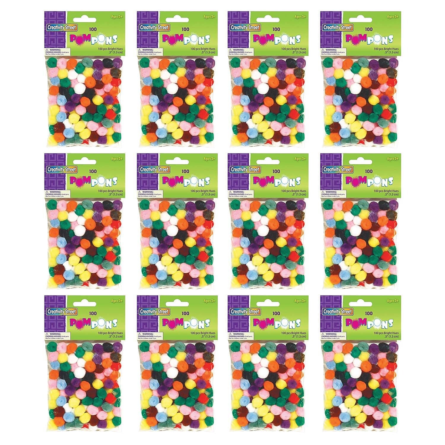 Creativity Street Pom Pons, Bright Hues Assortment, 0.5", 100 Pieces/Pack, 12 Packs (CK-811401-12)