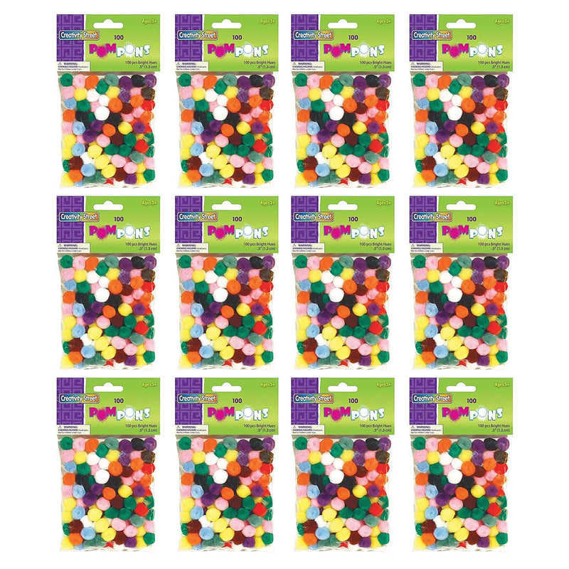 Creativity Street Pom Pons, Bright Hues Assortment, 0.5", 100 Pieces/Pack, 12 Packs (CK-811401-12)