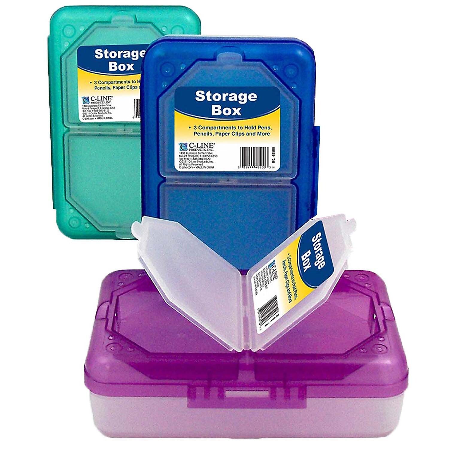 C-Line Plastic 3 Compartment Storage Box, 7.90" × 4.90" × 2.50", Assorted Colors (no color choice), Pack of 3 (CLI48500-3)