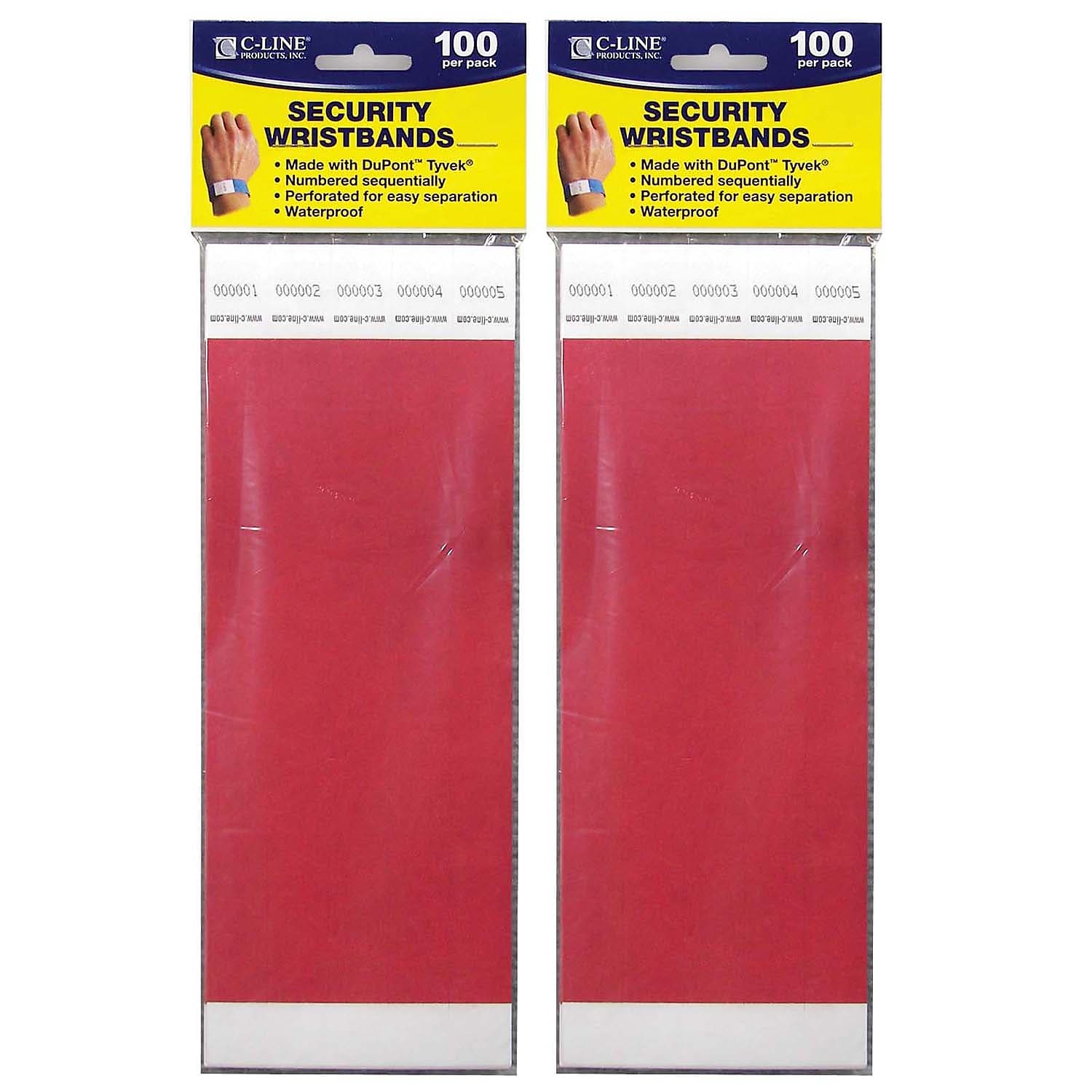 C-Line DuPont Tyvek Security Wristbands, Red, 100 Per Pack, 2/Pack (CLI89104-2)