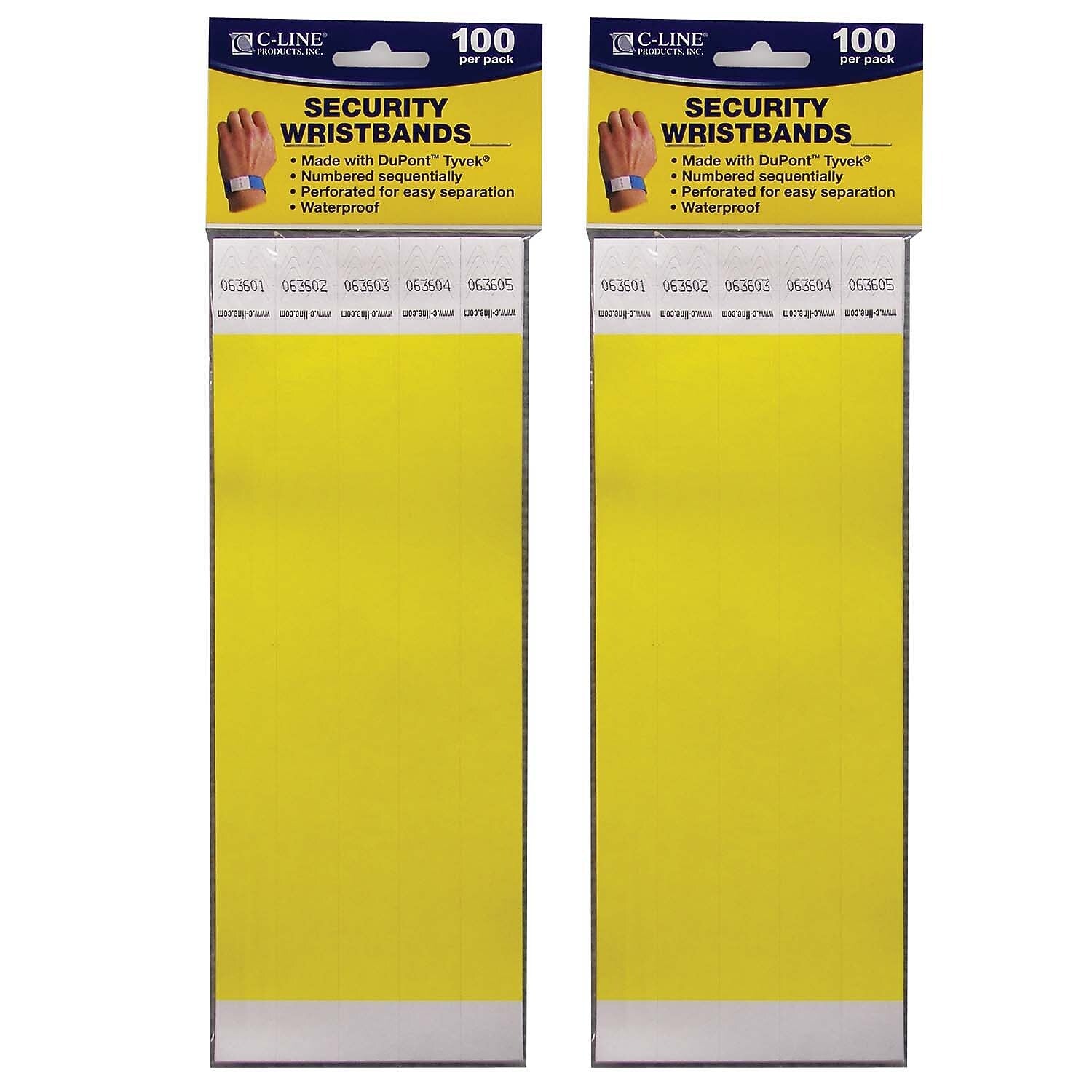 C-Line DuPont Tyvek Security Wristbands, Yellow, 100 Per Pack, 2/Pack (CLI89106-2)