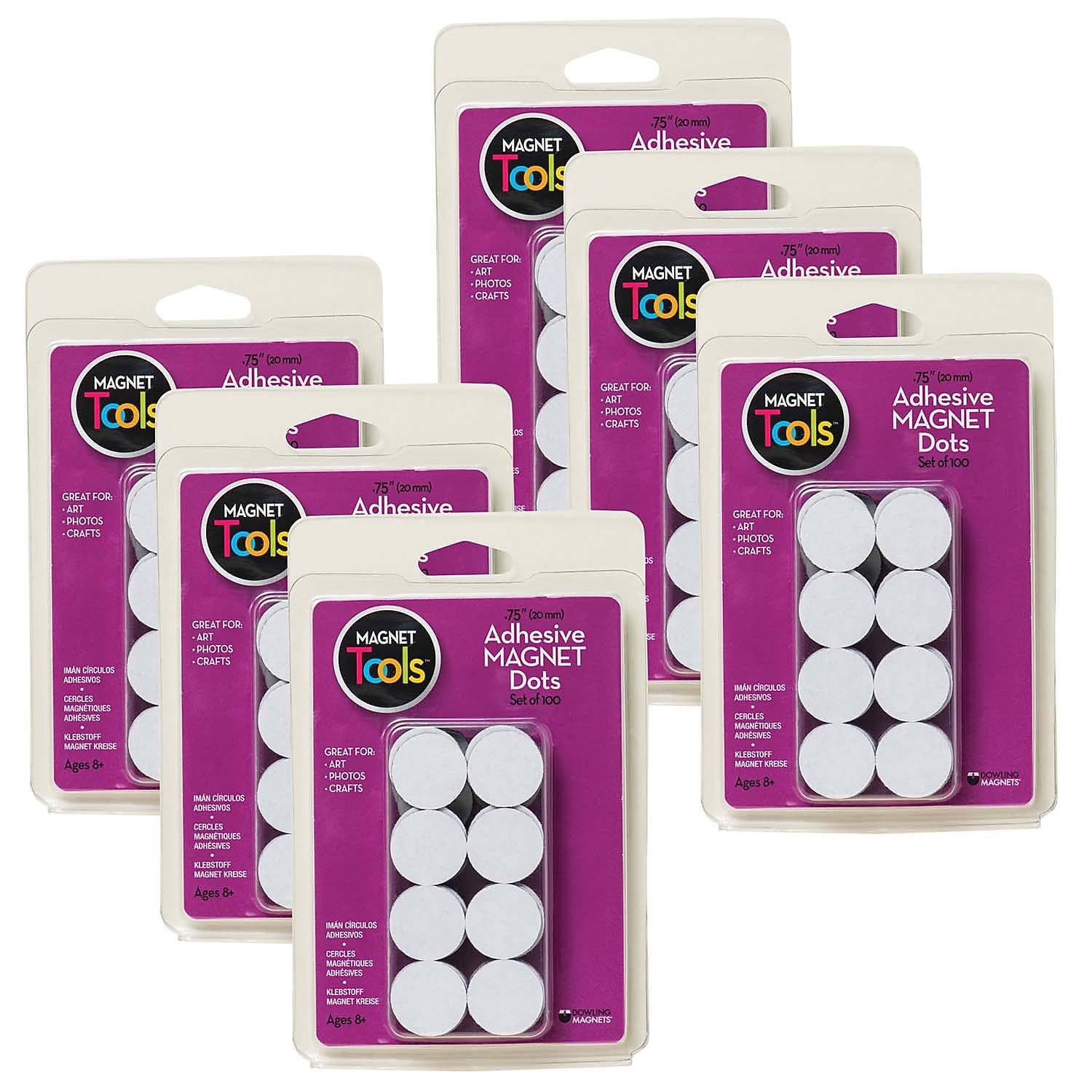 Dowling Magnets Adhesive Magnet Dots, 3/4", Black, 100 Per Pack, 6 Packs (DO-735007-6)
