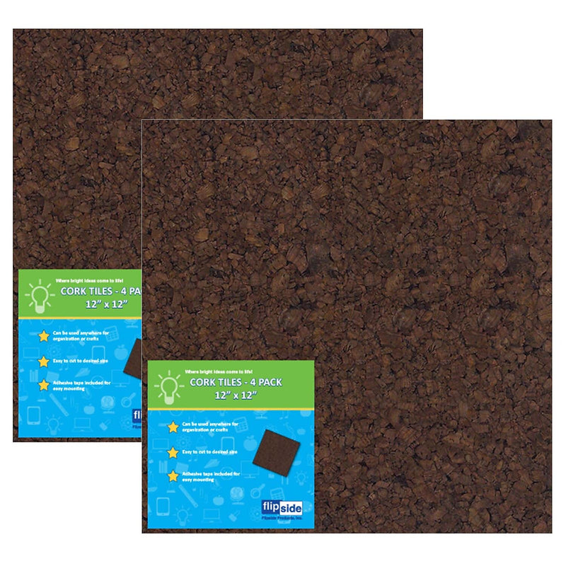 Flipside Products Dark Cork Tiles, 12" x 12", Brown, 4 Per Pack, 2 Packs (FLP12058-2)