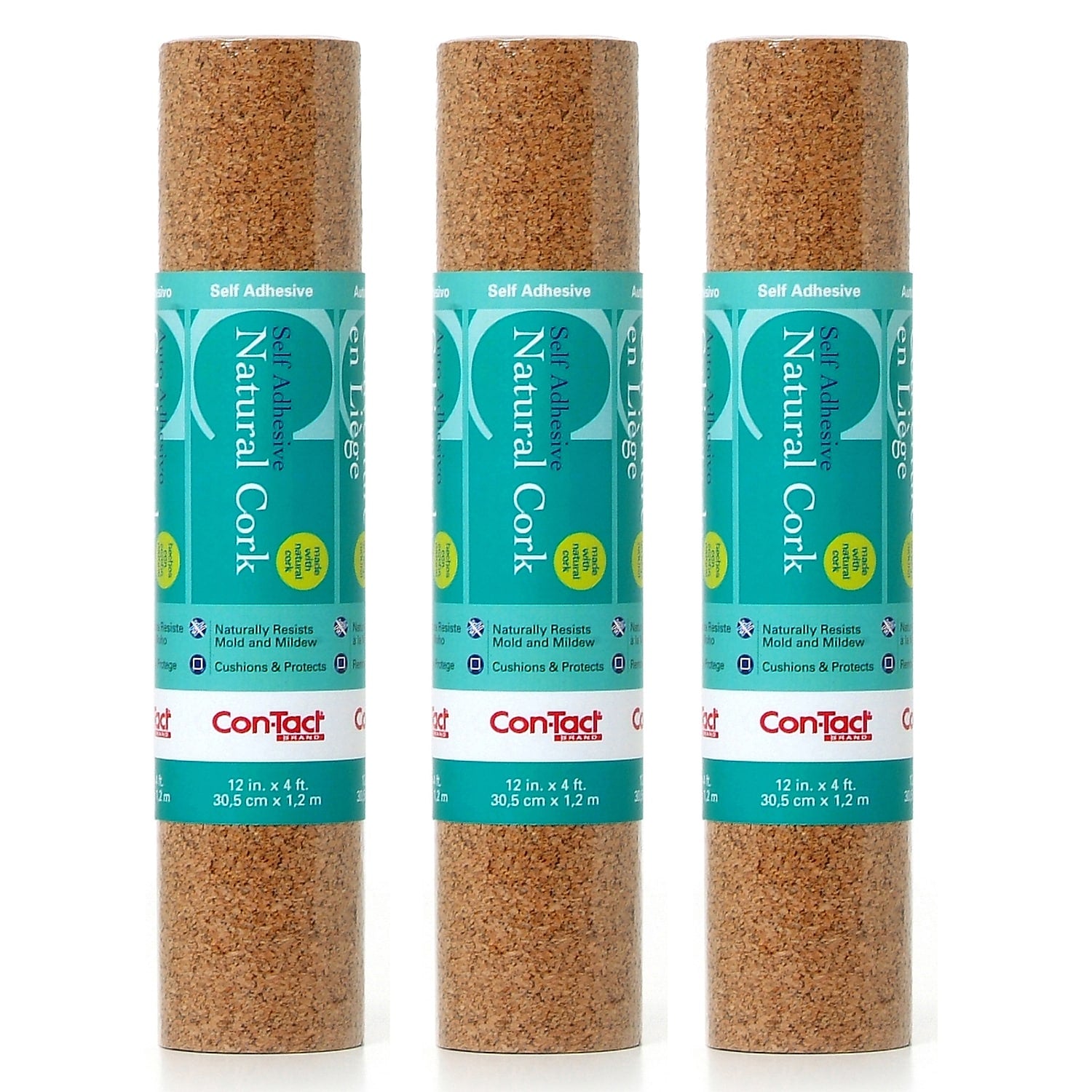 Con-Tact® Cork Adhesive Roll, 12" x 4', Light Brown, 3 Rolls (04F12642006-3)