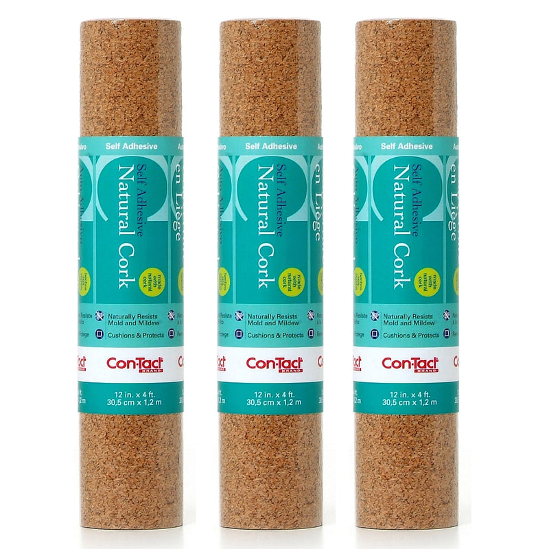 Con-Tact® Cork Adhesive Roll, 12" x 4', Light Brown, 3 Rolls (04F12642006-3)