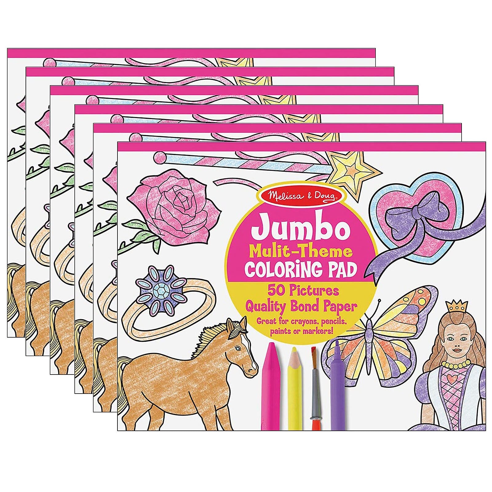Melissa & Doug Jumbo Multi-Theme Coloring Pad, 50 Pages, 6/Bundle (LCI4225-6)