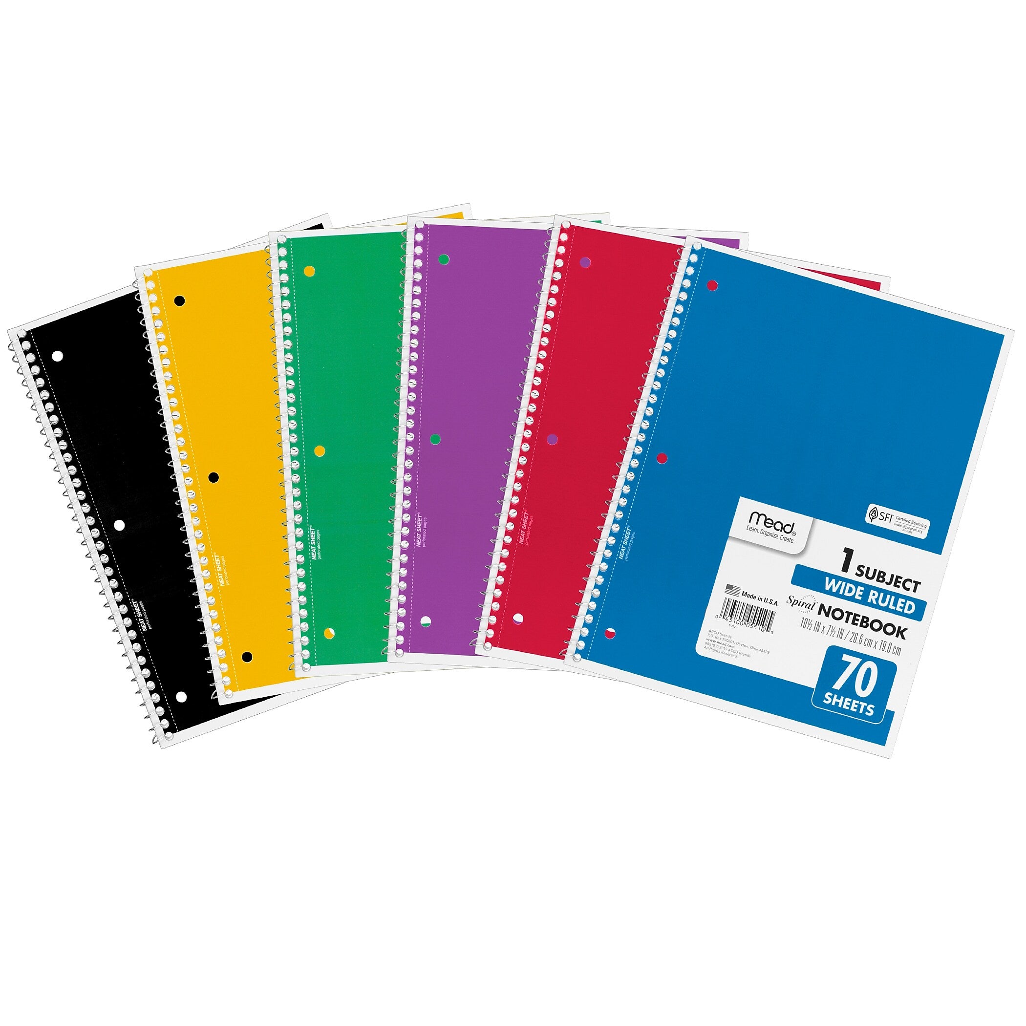 Mead 1-Subject Notebooks, 8" x 10.5", Wide Ruled, 70 Sheets, Assorted Colors, 6/Bundle (MEA05510-6)