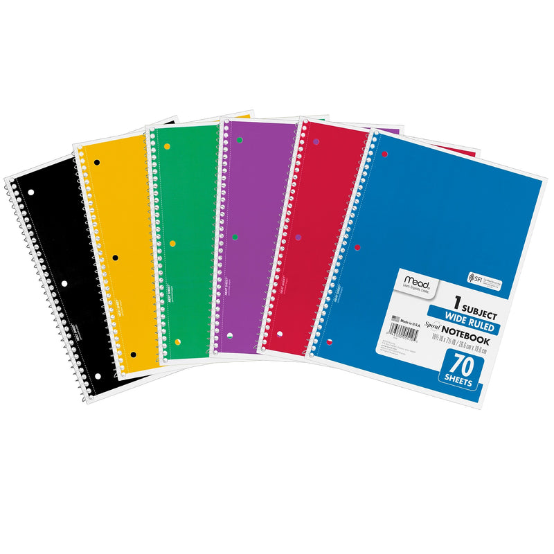 Mead 1-Subject Notebooks, 8" x 10.5", Wide Ruled, 70 Sheets, Assorted Colors, 6/Bundle (MEA05510-6)
