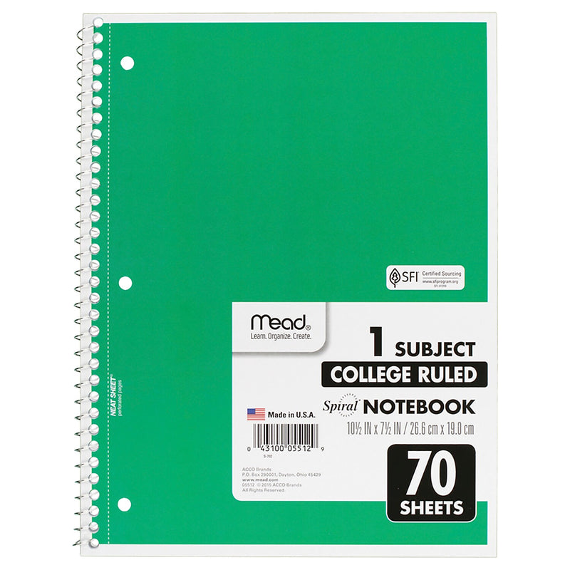 Mead 1-Subject Notebooks, 8" x 10.5", College Ruled, 70 Sheets, Assorted Colors, 6/Bundle (MEA05512-6)