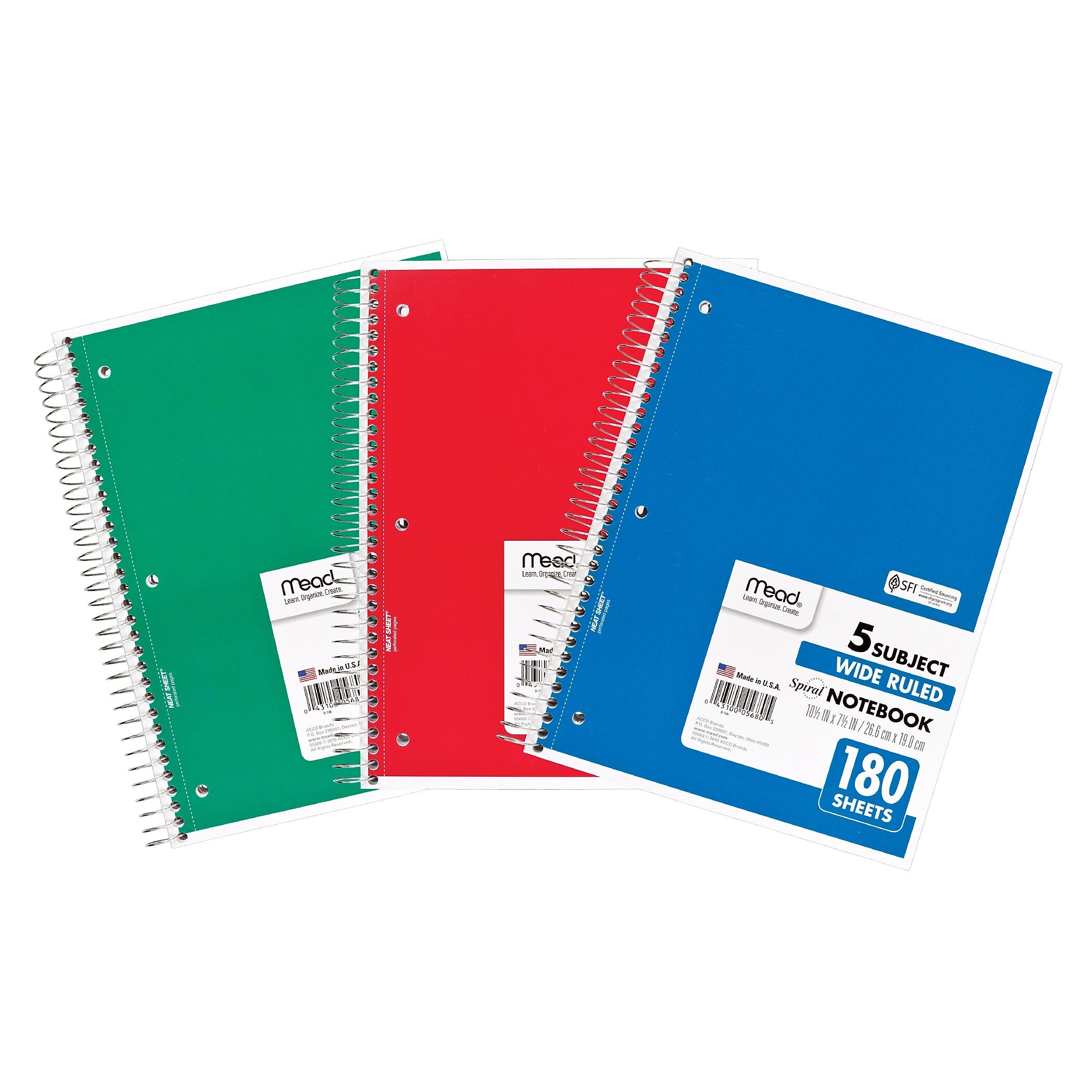 Mead 5-Subject Subject Notebooks, 8" x 10.5", Wide Ruled, 180 Sheets, Assorted Colors, 3/Bundle (MEA05680-3)