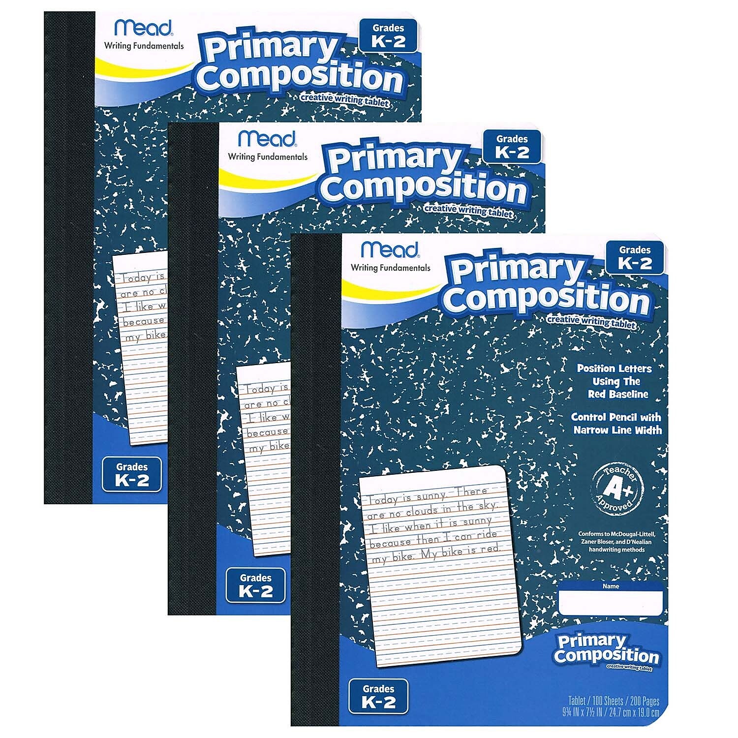 Mead Composition Notebooks, 9.75" x 7.5", Primary Ruled, 100 Sheets, Blue Marble, 3/Bundle (MEA09902-3)