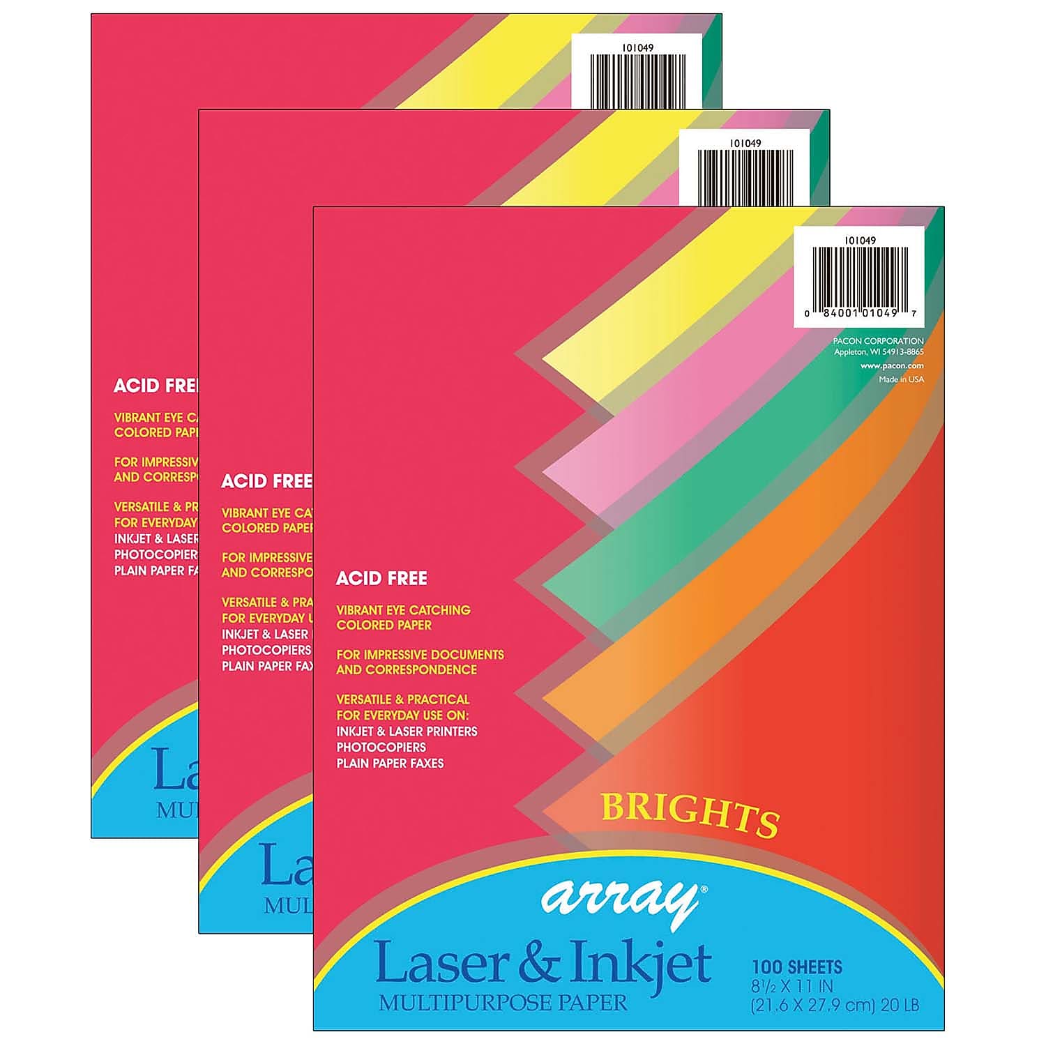 Pacon 8.5" x 11" Multipurpose Colored Paper, 20 lb., Assorted Brights, 100 Sheets Per Pack/3 Packs (PAC101049-3)